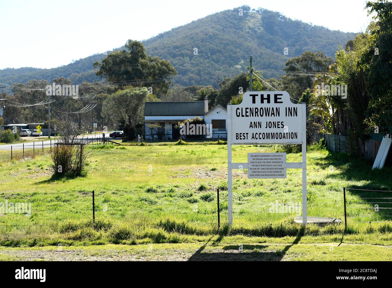 Glenrower, Victoria. Ort der 'Siege of Glenrower', dem Glenrower Inn, wo der australische Buschranger Ned Kelly und seine Bande gegen die Polizei kämpften. Stockfoto