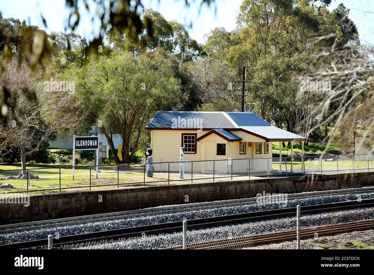 Glenrower, Victoria. Die Glenrowan Station, wo Ned Kelly, durch Schüsse verwundet, behandelt wurde, bevor sie mit dem Zug nach Benalla und dann Melbourne geschickt wurde. Stockfoto