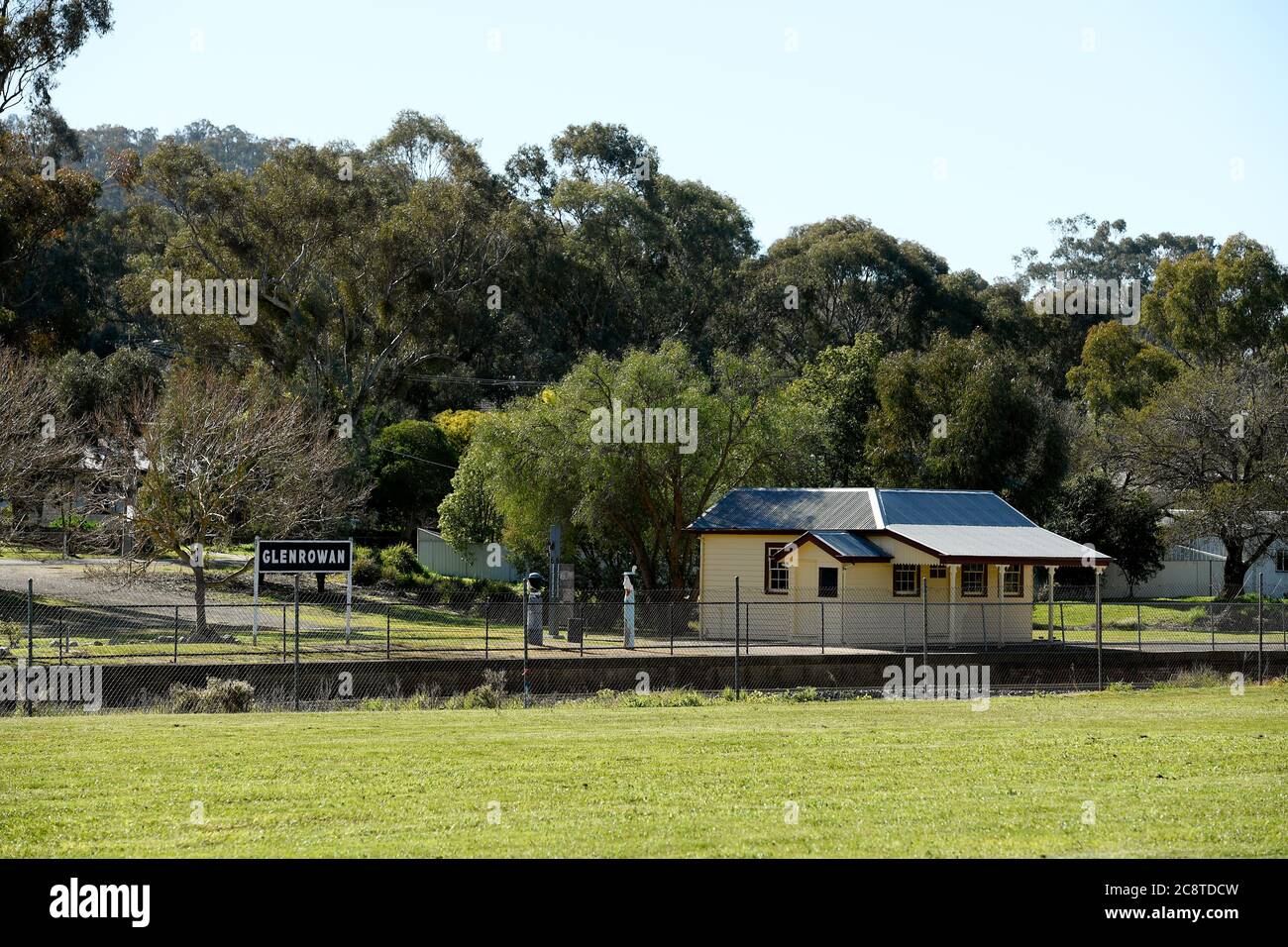 Glenrower, Victoria. Die Glenrowan Station, wo Ned Kelly, durch Schüsse verwundet, behandelt wurde, bevor sie mit dem Zug nach Benalla und Melbourne Gefängnis geschickt wurde. Stockfoto