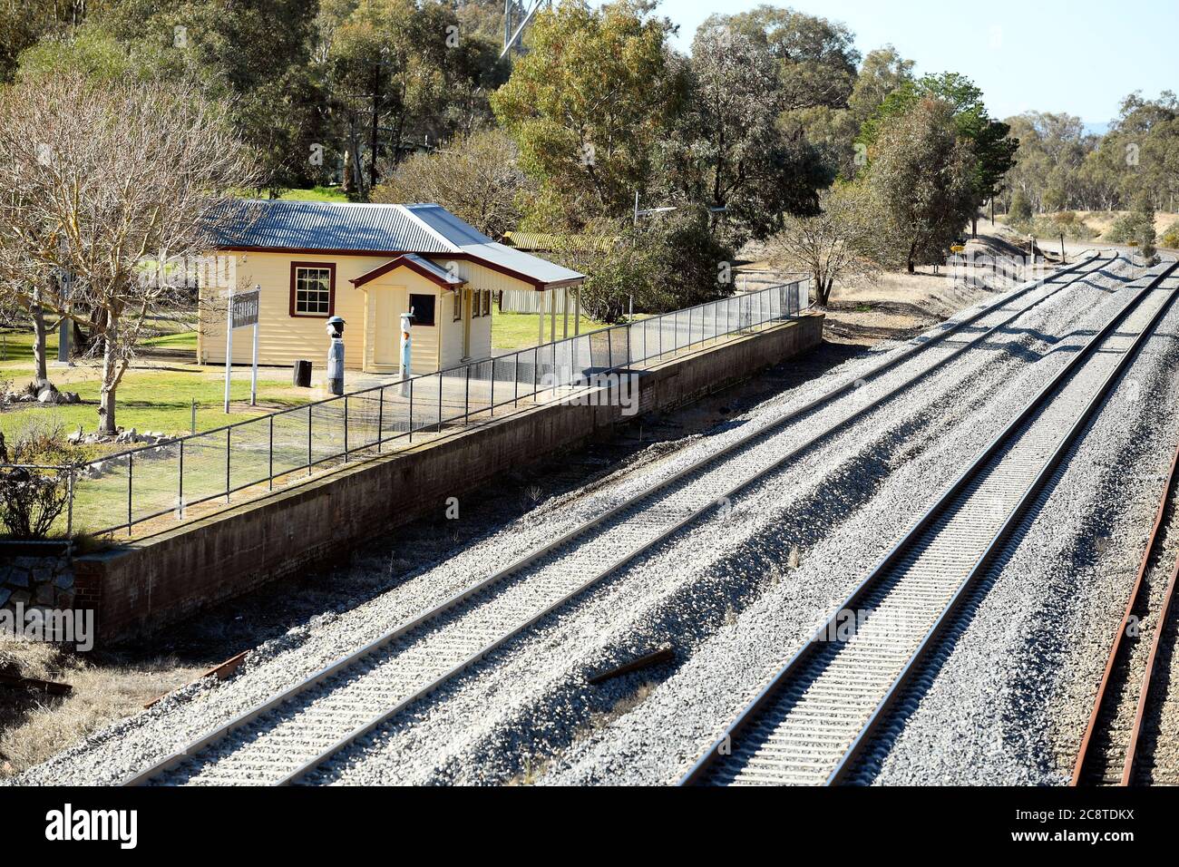 Glenrower, Victoria. Die Glenrowan Station, wo Ned Kelly, durch Schüsse verwundet, behandelt wurde, bevor sie mit dem Zug ins Melbourne Gefängnis geschickt wurde. Stockfoto