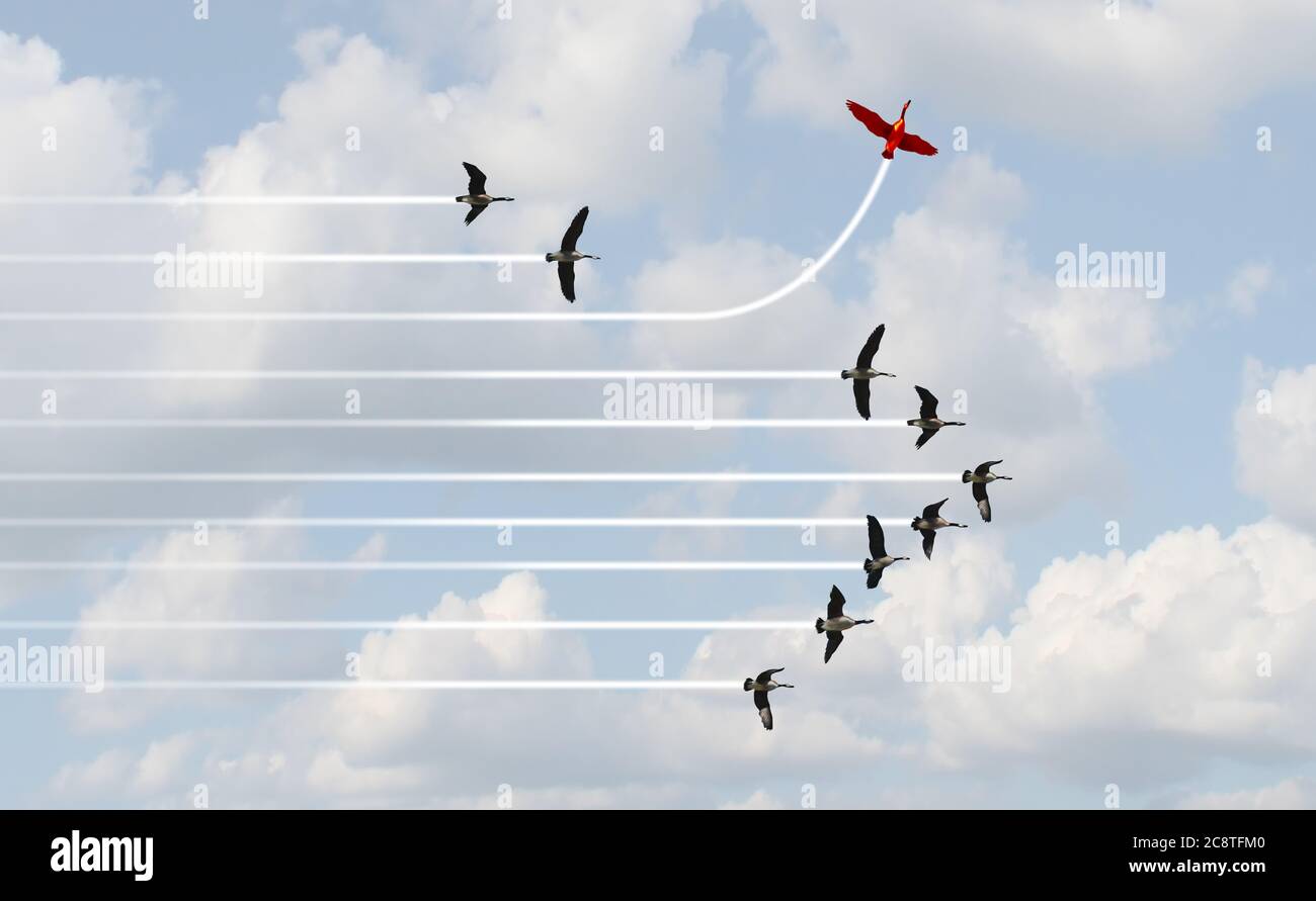 Different Path Business-Konzept als unabhängige freie Denker Idee, die aus einer organisierten Formation mit einem individuellen Vogel-Setting ausbricht. Stockfoto