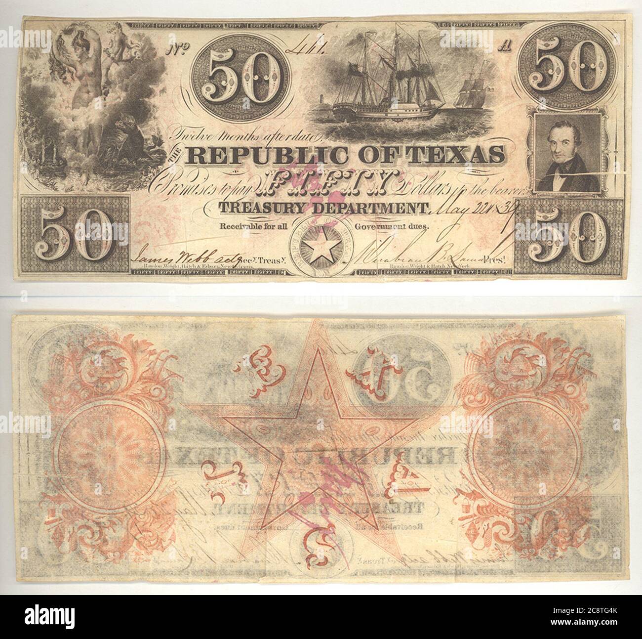 Republik Texas 50.00 Dollar (fünfzig Dollar) "Rückschlag" Note . Stockfoto