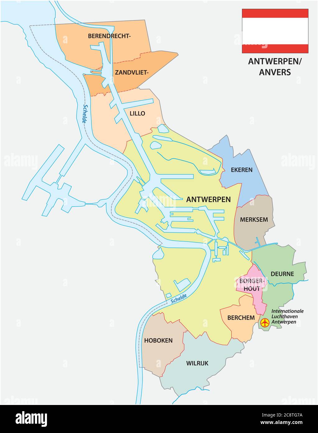 Administrative Vektorkarte der belgischen Stadt Antwerpen mit Flagge Stock Vektor