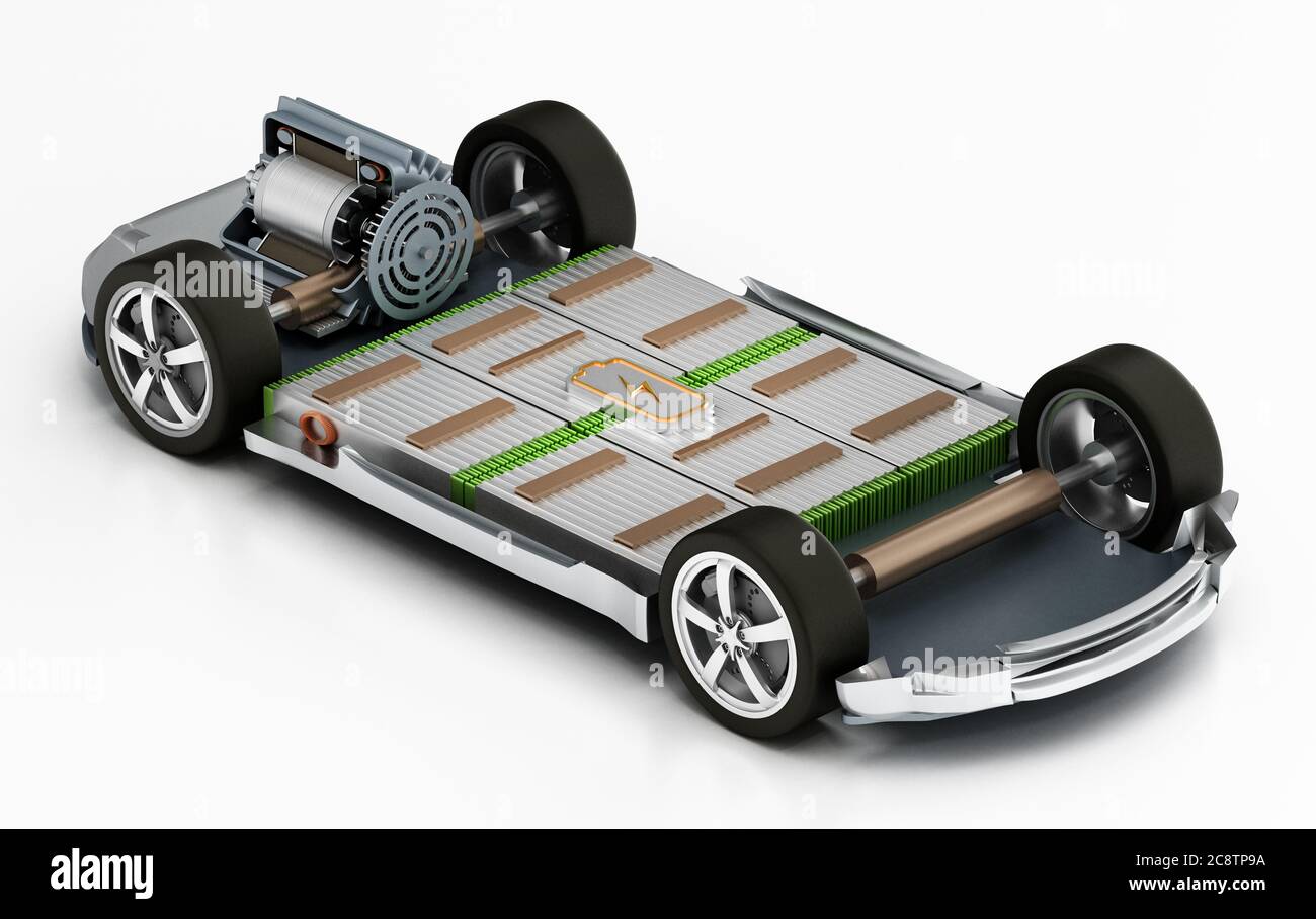 Fiktives Elektroauto-Chassis mit Elektromotor und Batterien. 3D-Illustration. Stockfoto