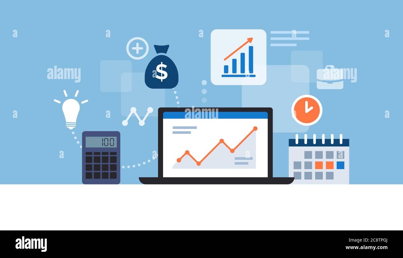 Business-Desktop mit Laptop, Icons und Finanz-App, Finanz- und Managementkonzept Stock Vektor