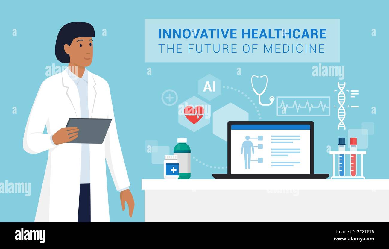 Ärztin verbindet mit einem digitalen Tablet, Laptop und medizinischen Geräten, innovatives Gesundheits- und Technologiekonzept Stock Vektor