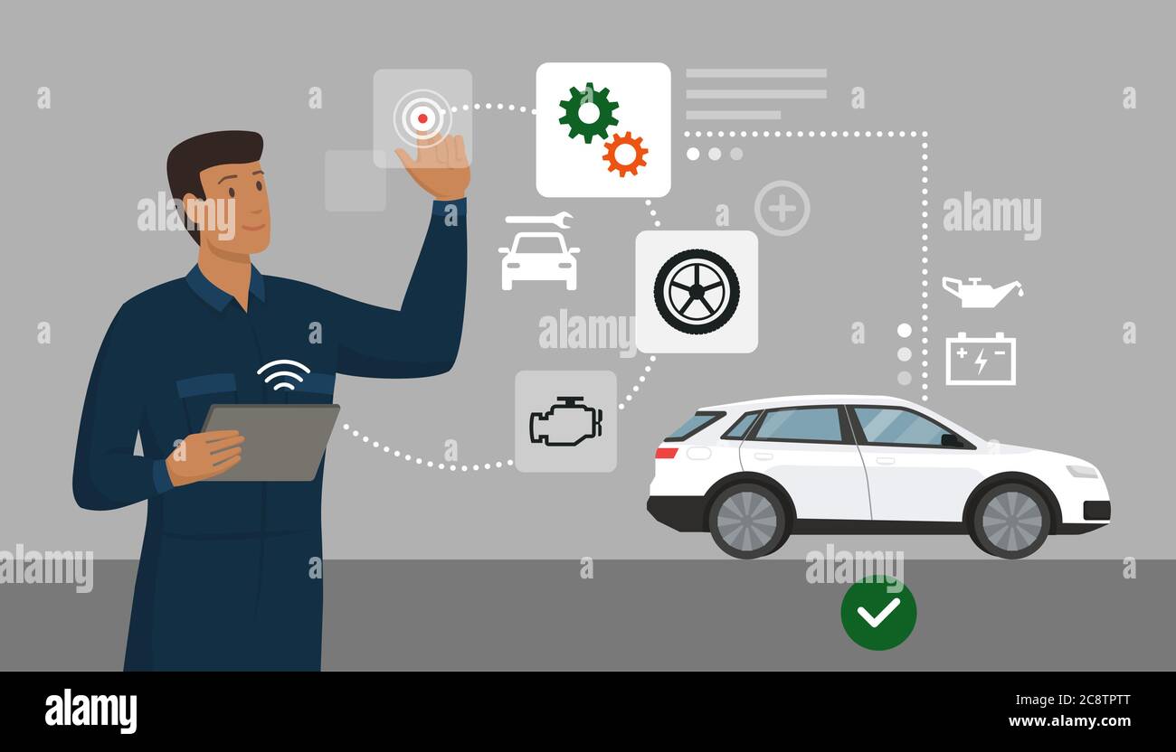 Mechaniker, der eine Autoinspektion mit einer digitalen App durchführt, interagiert er mit einer virtuellen Benutzeroberfläche, Autoreparatur und innovativer Technik concep Stock Vektor