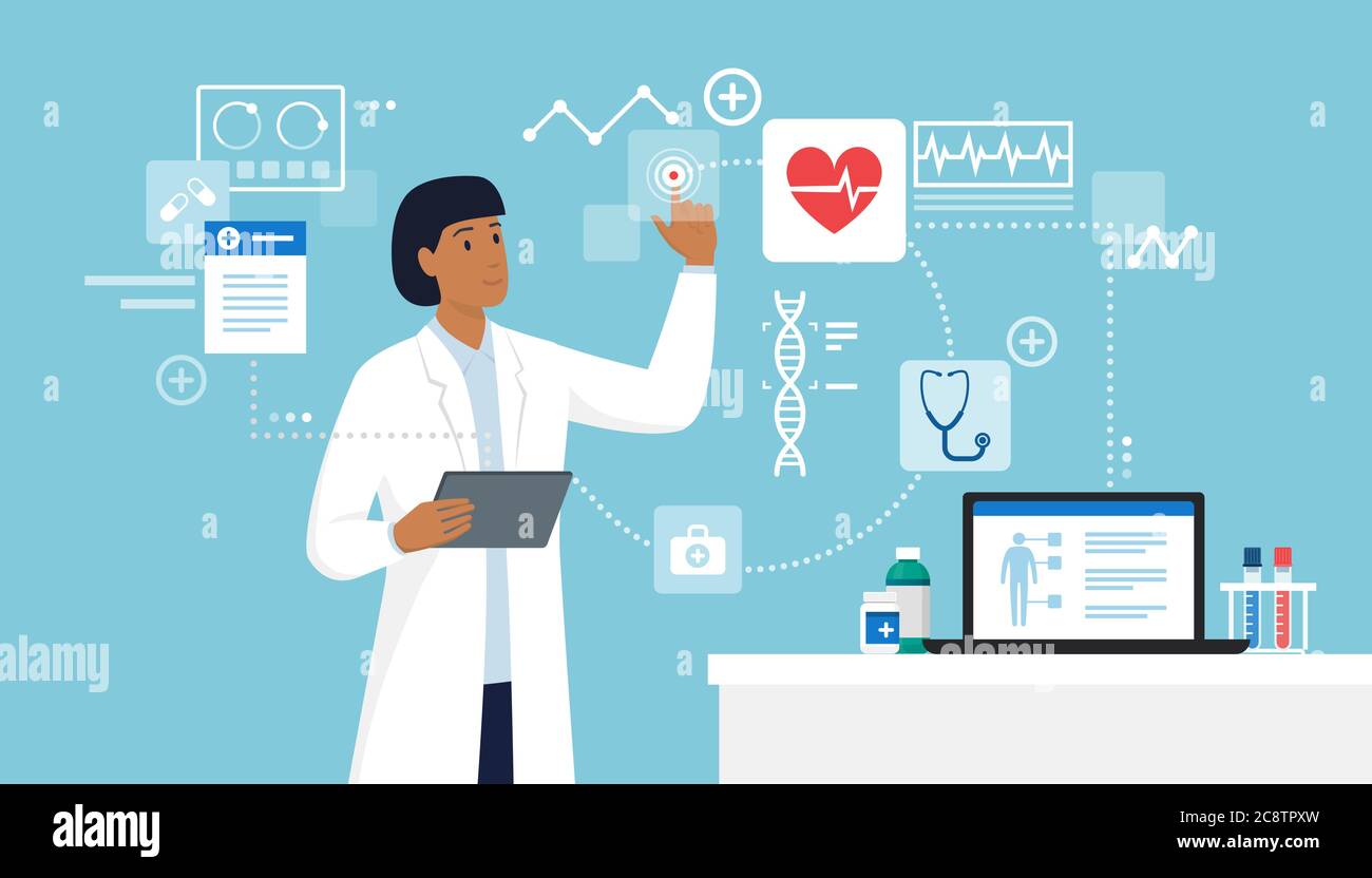 Ärztin verbindet sich mit einem digitalen Tablet und interagiert mit einer virtuellen Benutzeroberfläche, einem innovativen Gesundheits- und Technologiekonzept Stock Vektor