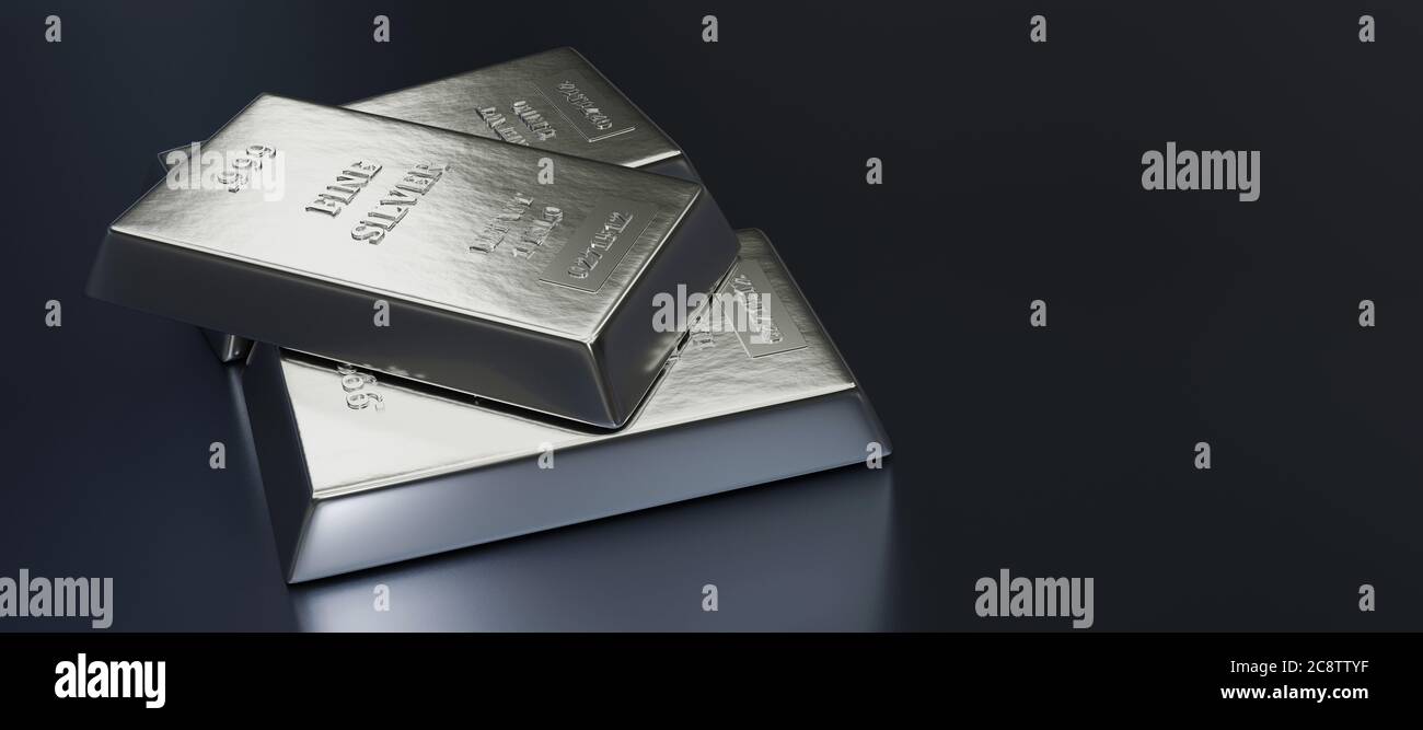 Nahaufnahme von Silberbarren oder Barren im Hintergrund des Bankgewölbes. Edelmetall.3D-Illustration . Stockfoto