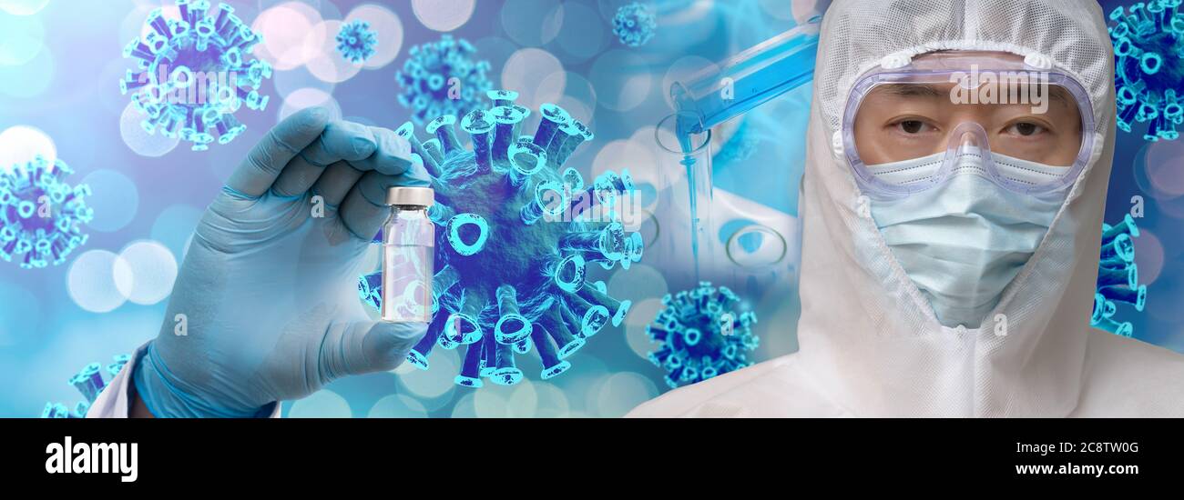 Ein Wissenschaftler mit blauen Handschuhen und einem Schutzanzug mit einem Covid-19-Impfstoff im Hintergrund eines Biotechnologie-Konzepts. Stockfoto