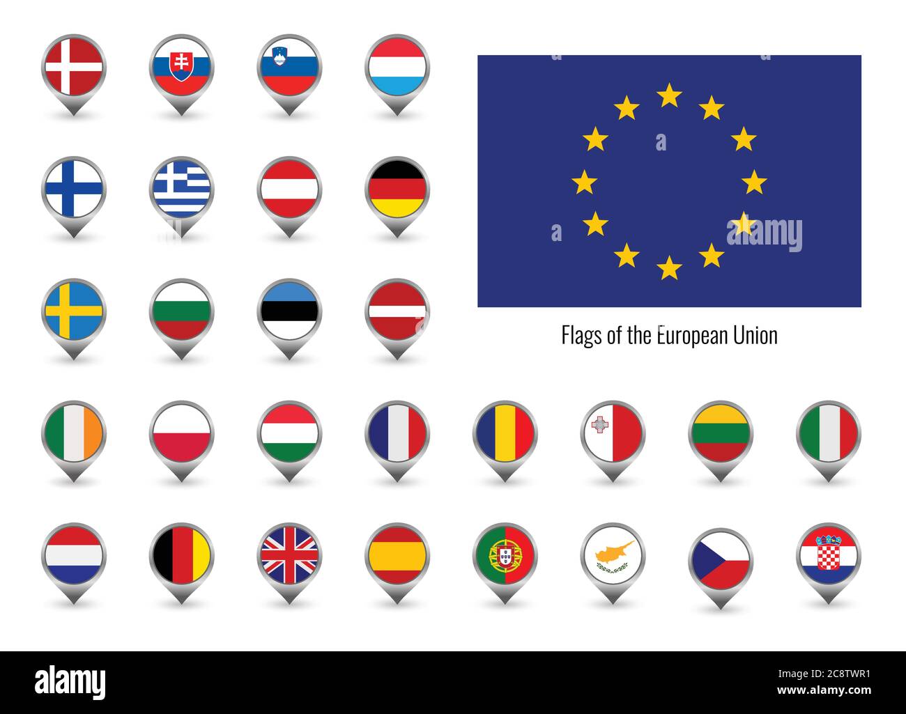 Set Von Vektorflaggen Der Europaischen Union Big Collection Symbole Flaggen Isoliert Auf Weiss Ein Punkt Auf Der Karte Mit Der Flagge Des Eu Landes Stock Vektorgrafik Alamy