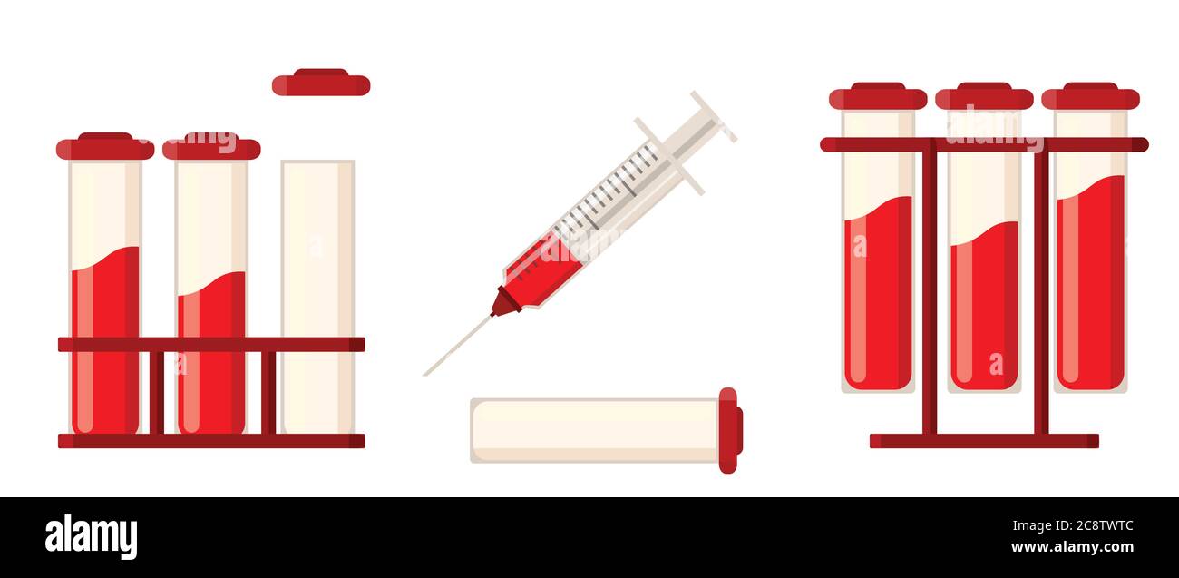 Medizinischer Bluttest. Ein medizinischer Schlauch mit Spritze und rotem Blut. Vektorgrafik, flacher Stil. Isoliert auf weißem Hintergrund. Stock Vektor