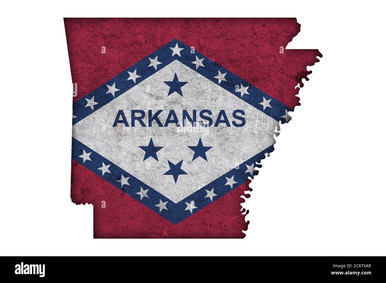 Karte und Flagge von Arkansas auf verwittertem Beton Stockfoto