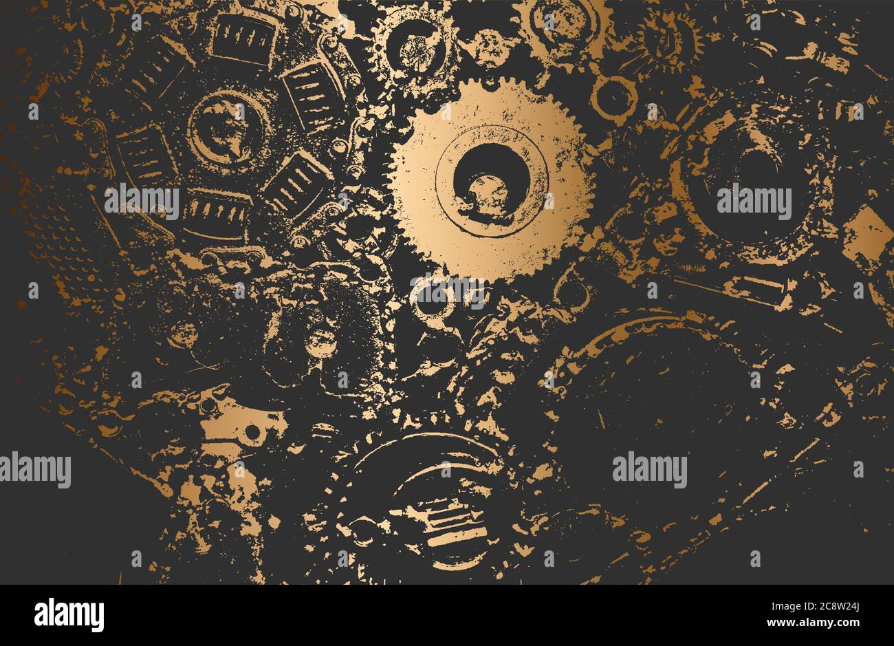 Luxus golden schwarz Metall Getriebe Gradienten Hintergrund mit verzweifelten Metallplatte Textur. Stock Vektor