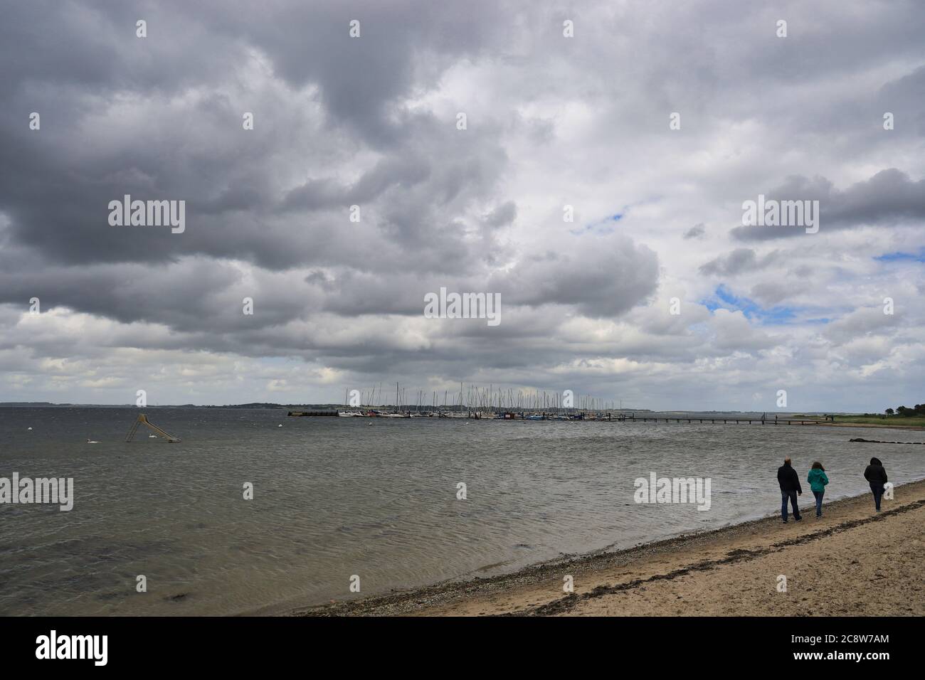 Strand bockholmwik in Munkbrarup flensburger Forde Foerde mit dramatischen Wolke, Hintergrund Yachthab Stockfoto