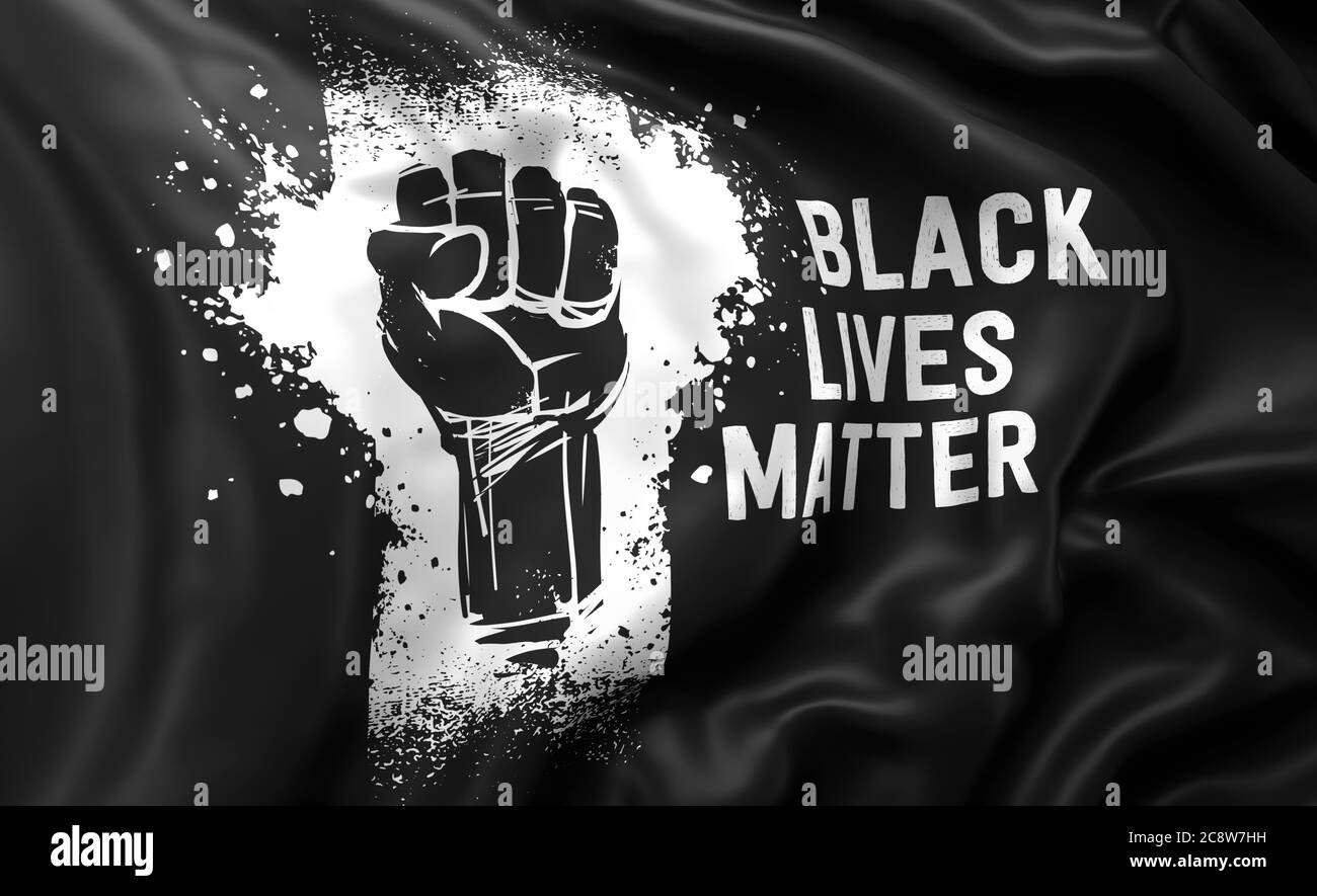 Schwarze Leben machen weißen Text aus und heben die Faust auf eine schwarze Flagge, die im Wind weht. Ganzseitige Flugflagge. 3D-Illustration. Stockfoto
