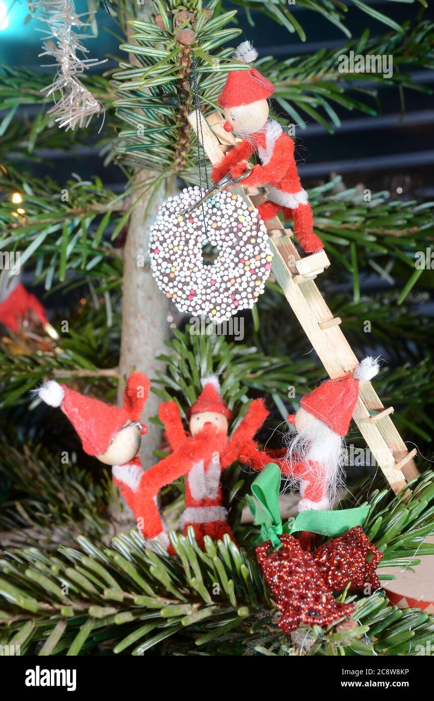 Pixie Bande stiehlt einen Chocolade-Ring von einem Weihnachtsbaum Stockfoto