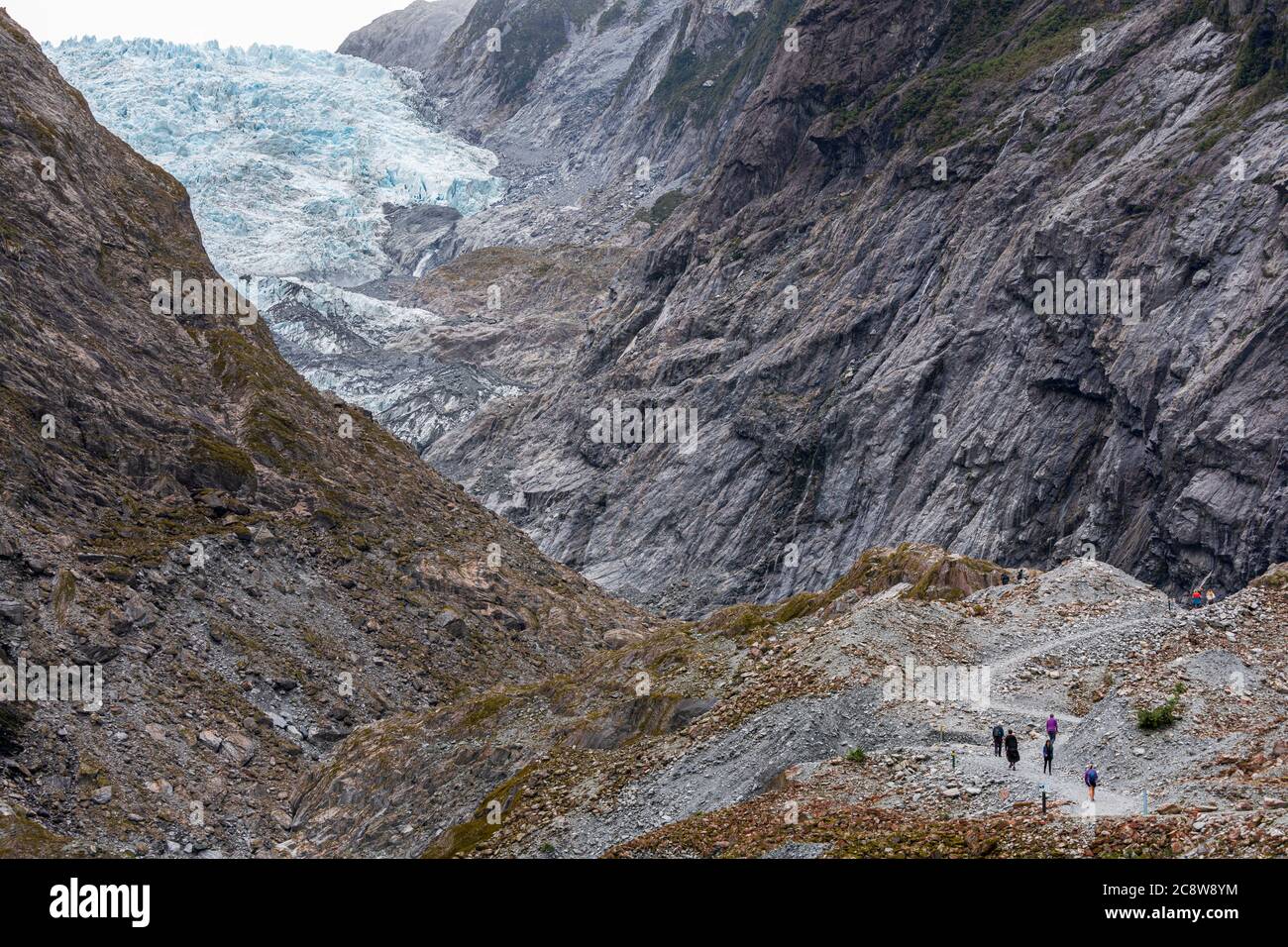 Wanderer, die sich dem Aussichtspunkt am Franz Josef Gletscher, Westküste, Südinsel, Neuseeland nähern Stockfoto