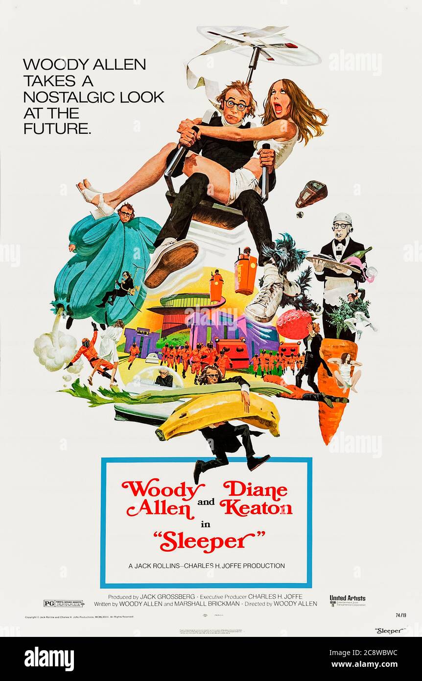 Sleeper (1973) Regie: Woody Allen mit Woody Allen, Diane Keaton, John Bec und Mary Gregory. Ein Nerd, der kryogen gefroren ist, wird 200 Jahre später aufgetaut und hilft, das unterdrückende Regime in einer tapferen neuen dystopischen Welt zu bekämpfen. Stockfoto