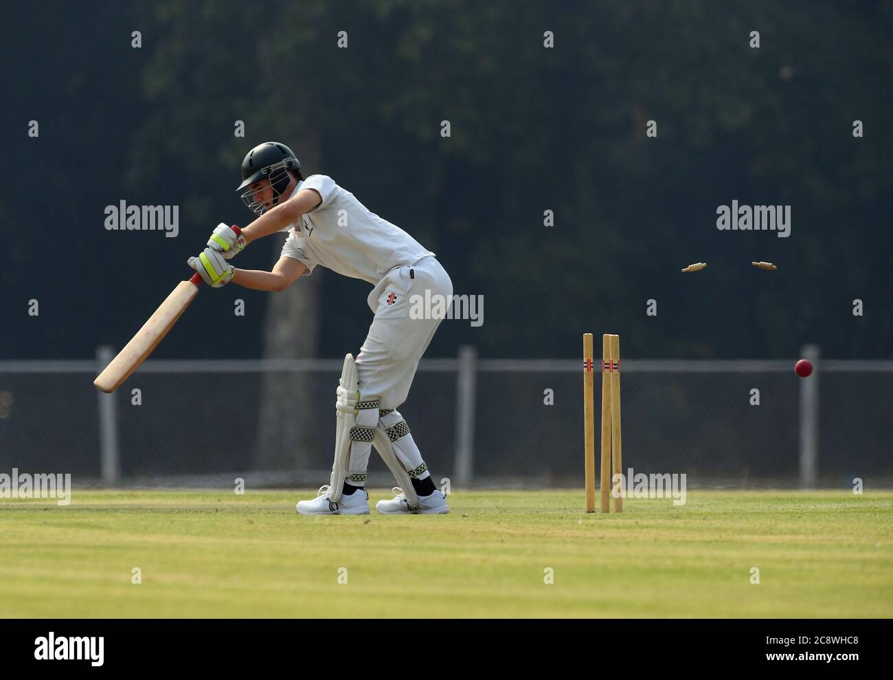 Bails fliegen über die Stumps, während ein Cricketspieler während eines Cricket-Spiels in Victoria, Australien, ausgebowelt wird Stockfoto