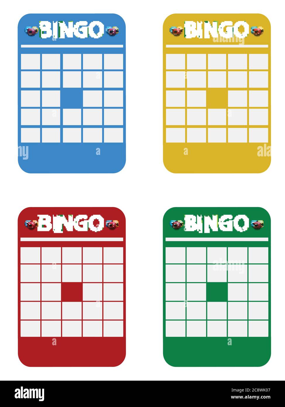 Vier Leere Copy Space Bingo-Karten Blau Gelb Rot Und Grün Mit Bingo Dekorativen Text Und Kugeln Auf Weißem Hintergrund Stock Vektor Vier Leere Copy Space Bingo-Karten Blau Gelb Rot Und Grün Mit Bingo Dekorativen Text Und Kugeln Auf Weißem Hintergrund Stock Vektor