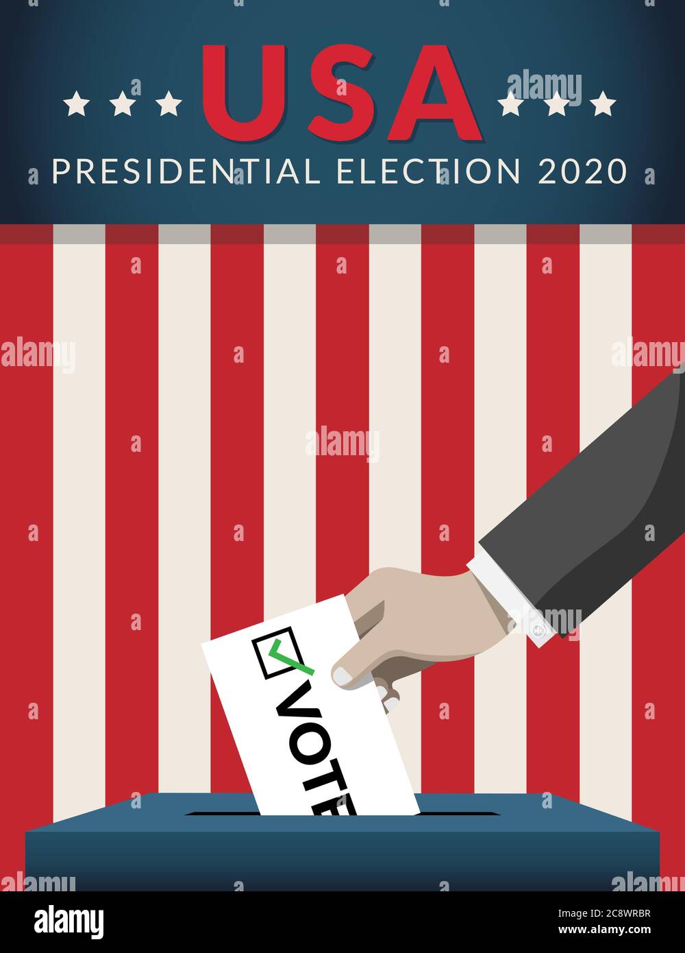 US-Präsidentschaftswahl 2020 Wahlkampfkonzept. Hand Putting Wahlpapier in der Wahlurne mit amerikanischer Flagge auf Hintergrund. Präsidentschaftswahl Stock Vektor