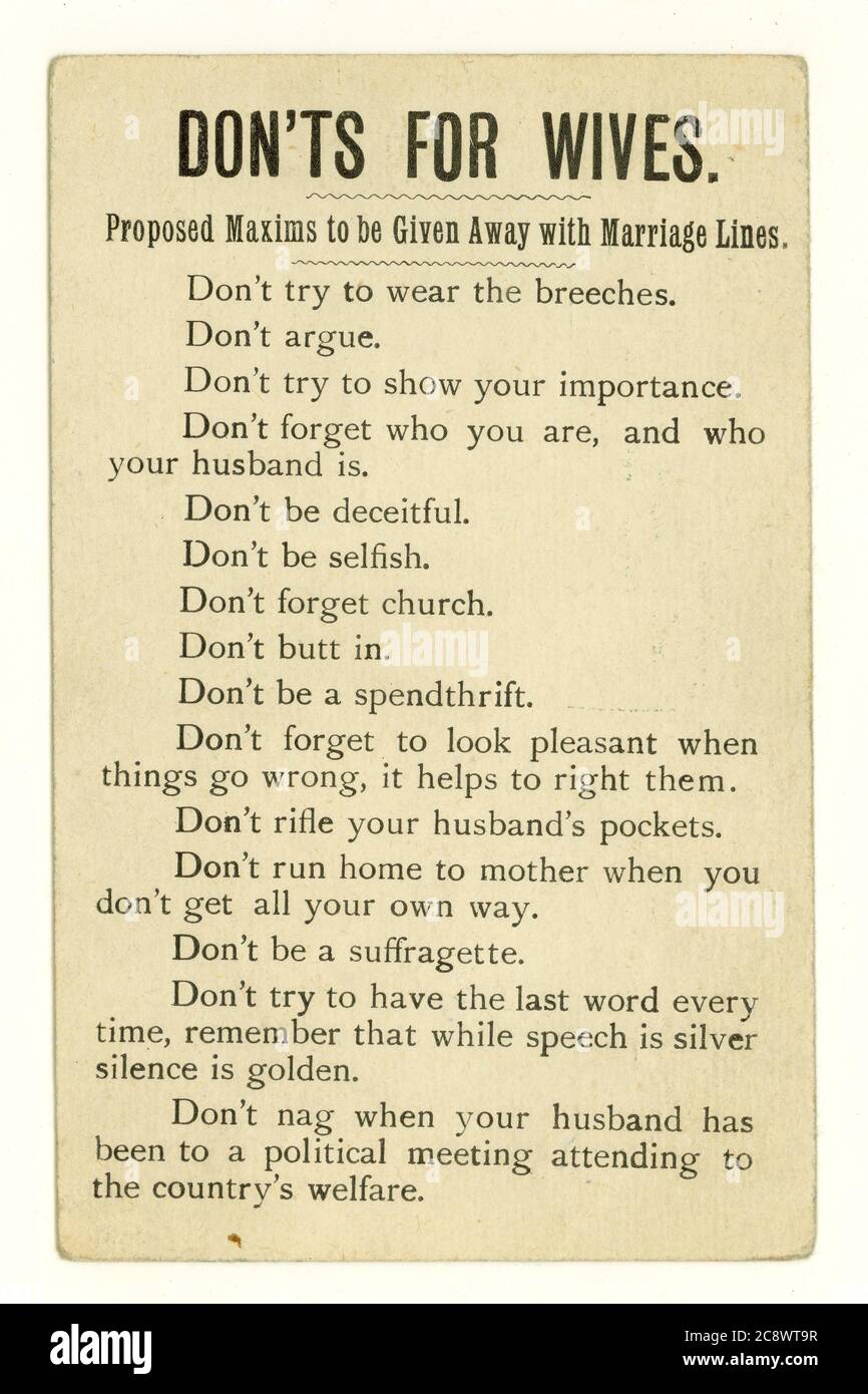 Original Anfang des 20. Jahrhunderts illustrierte Anti-Suffragette-Frauenrechte, sexistische Postkarte mit der Aufschrift „Don'TS for Wives, vorgeschlagene Maximen, die mit Heiratslinien verschenkt werden sollten“ um 1910, Großbritannien Stockfoto