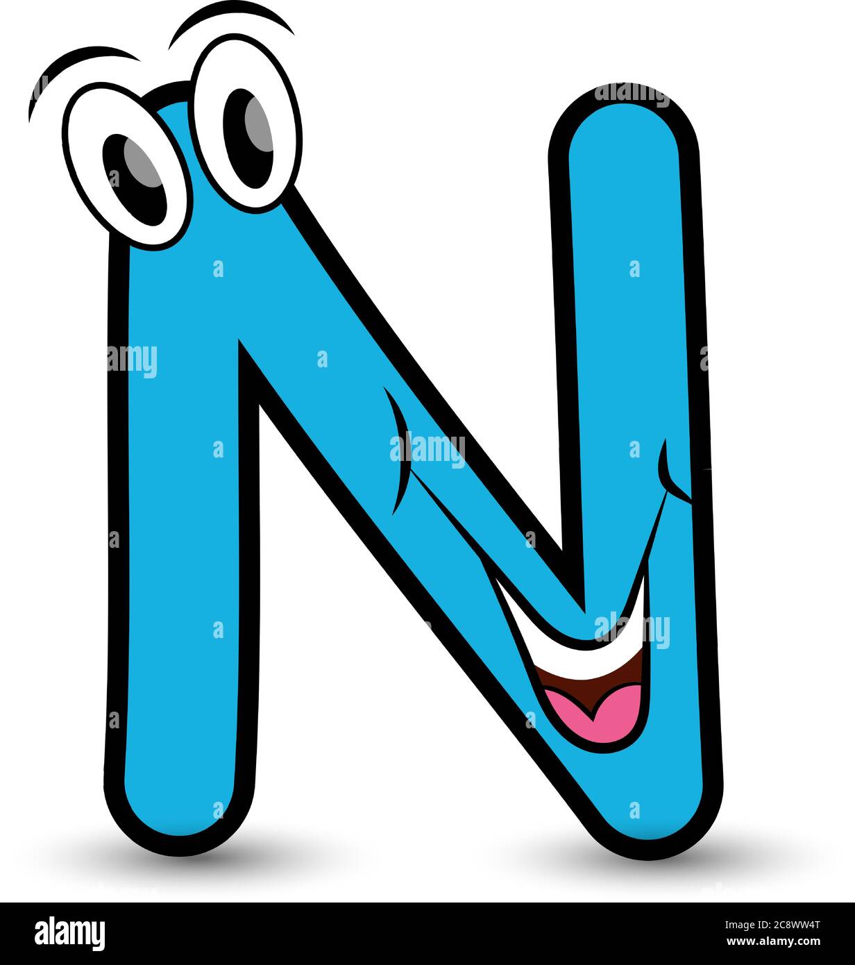 Lustige Hand gezeichnet Cartoon gestylt Schriftart bunten Buchstaben N mit lächelndem Gesicht Vektor Alphabet Illustration isoliert auf weiß. Gut für Kinder, die activi lernen Stock Vektor