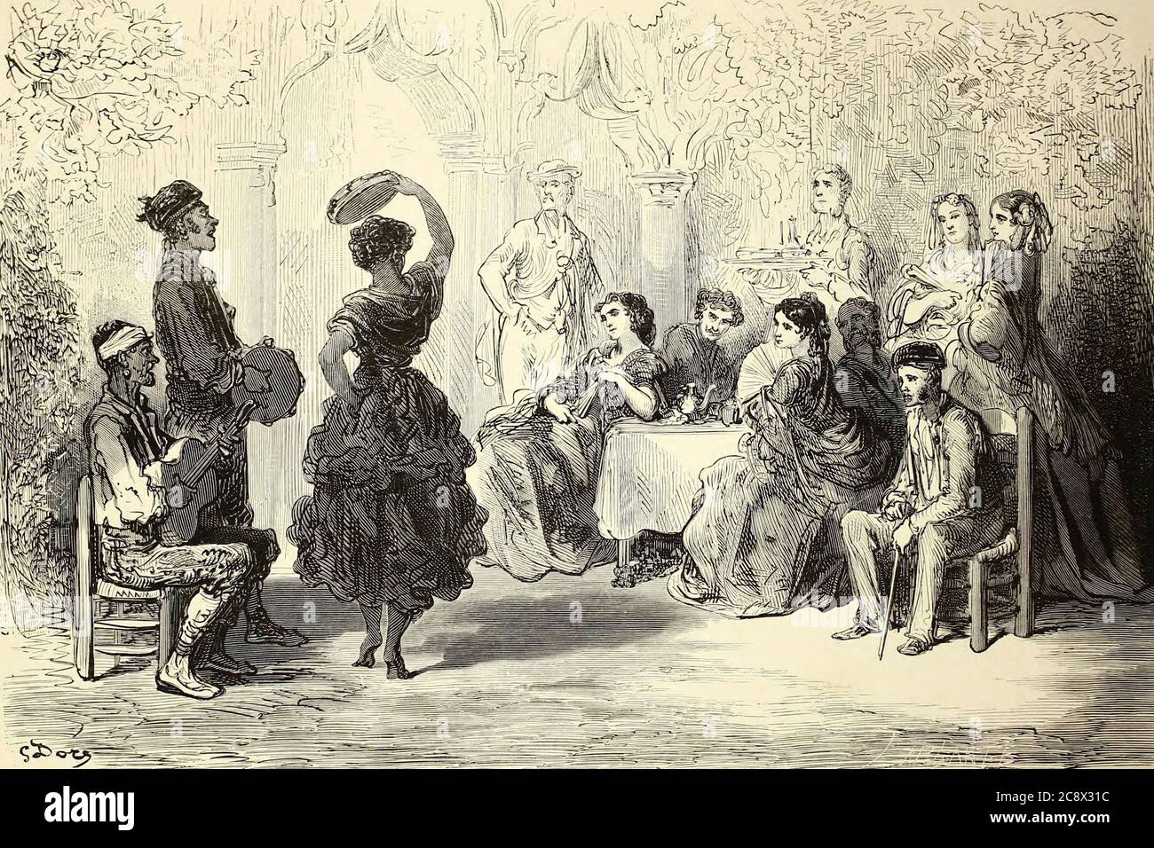 Gitana dansant dans un Patio de Séville [Zigeunertanz in einer Terrasse in Sevilla] Seitenillustration aus dem Buch 'SPain' [L'Espagne] von Davillier, Jean Charles, barón, 1823-1883; Doré, Gustave, 1832-1883; Veröffentlicht in Paris, Frankreich von Libreria Hachette, 1874 Stockfoto