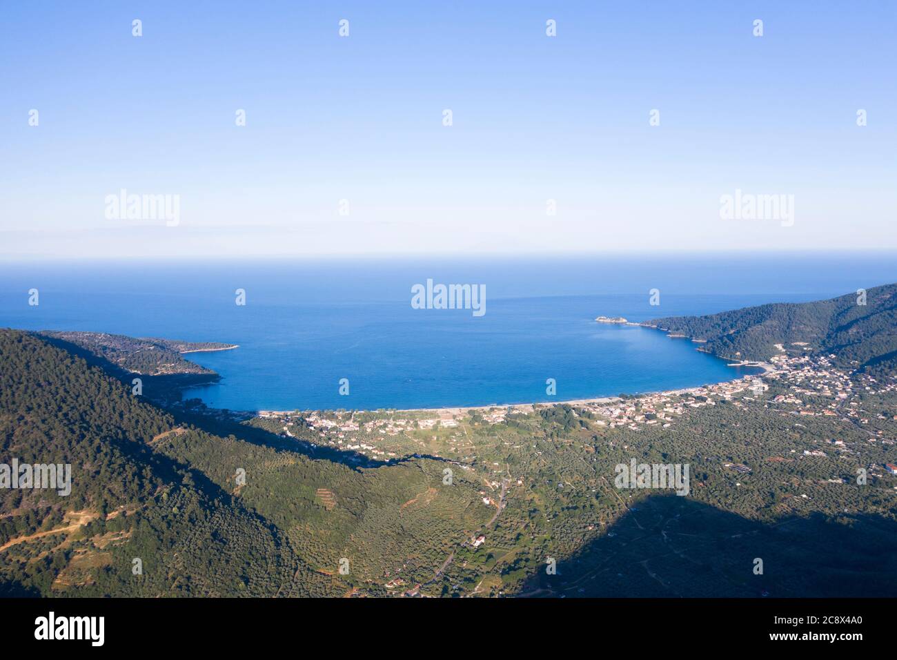 Luftaufnahme des Strandes von Psili Ammos, Insel Thassos, Griechenland. Stockfoto