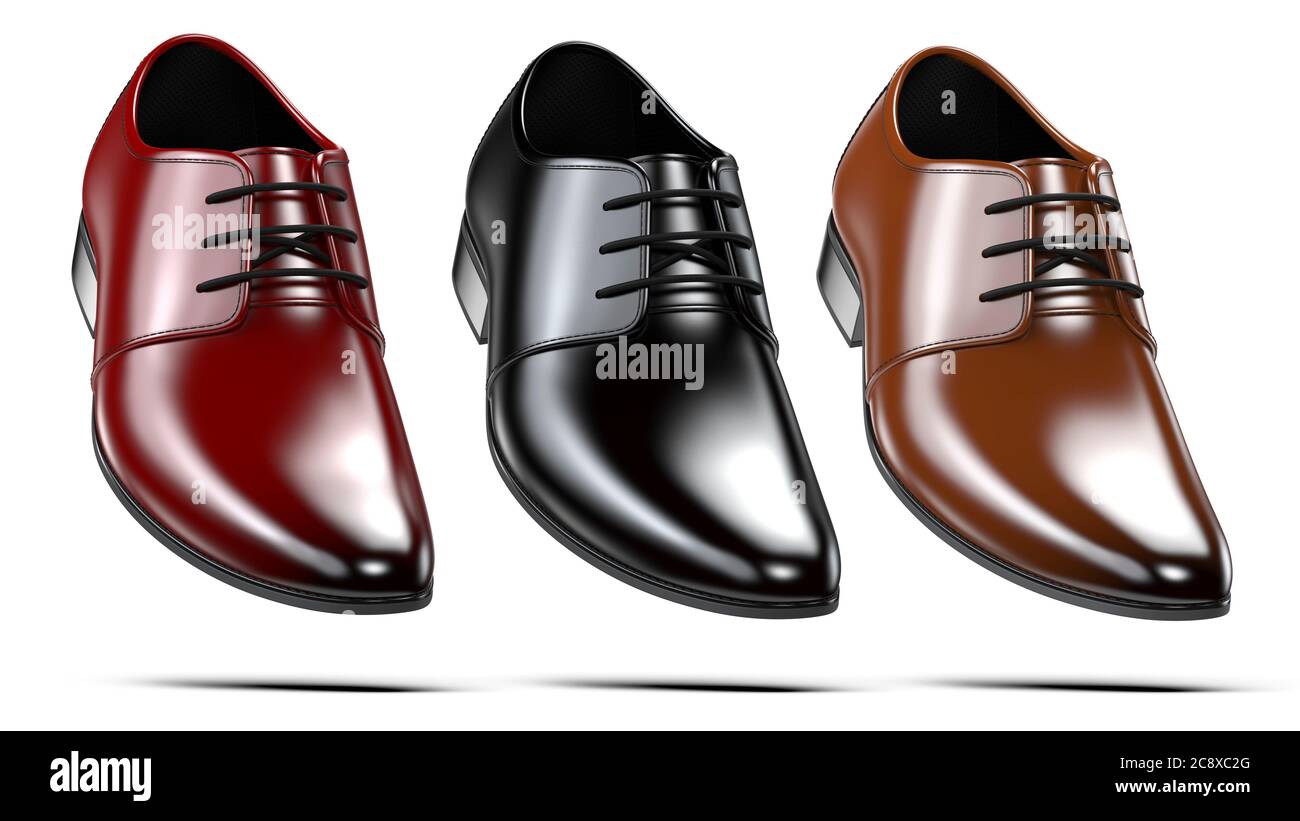 Set von einem eleganten schwarz rot und braun Herrenschuhe. 3d-Rendering von Leder männlichen Stiefel isoliert auf weißem Hintergrund. Für die Werbung ein Schuhwerk sto Stockfoto