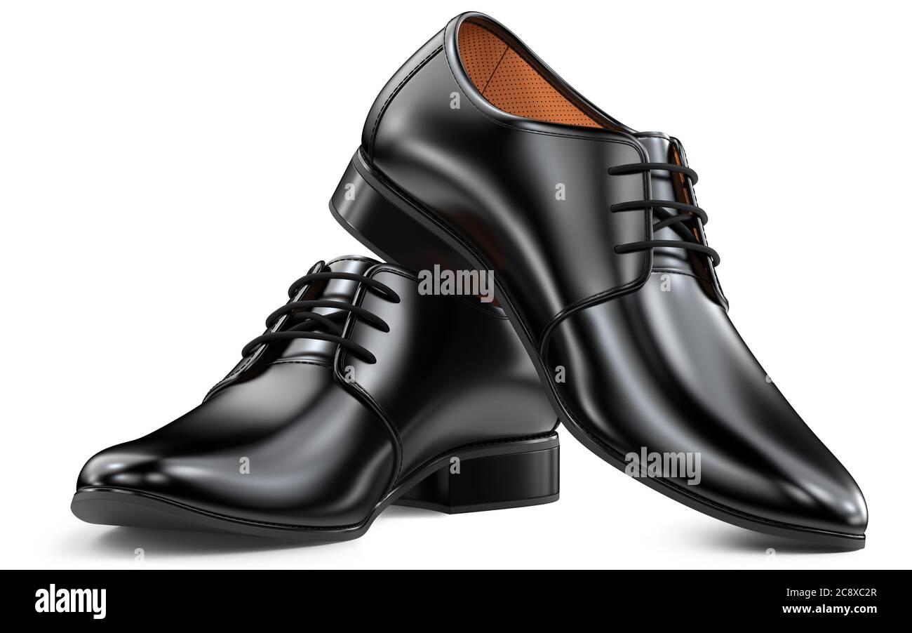 Herrenmode Schuhe schwarz, klassisches Design. Paar männlicher Stiefel 3d-Rendering isoliert auf weißem Hintergrund. Stockfoto