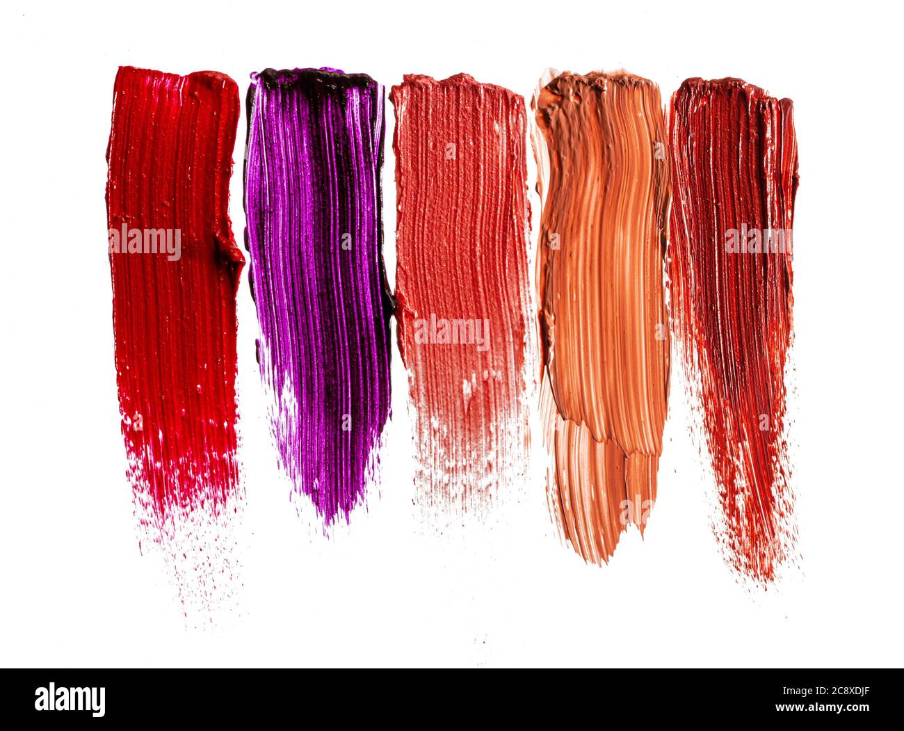 Set Lippenstift Fleck Farbfelder auf weißem Hintergrund Stockfoto