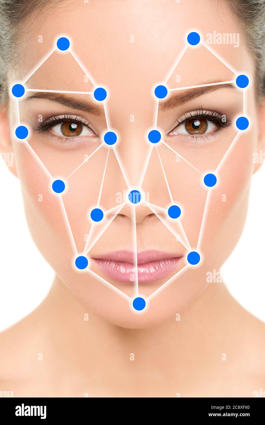 Biometrische Gesichtserkennung Software App-Technologie für Gesicht Identität Verifikation Identifikationskonzept. Asiatische Frau Porträt mit Scan Stockfoto
