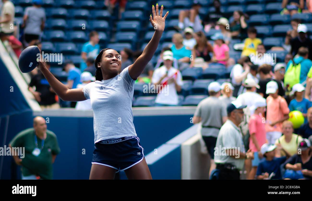 Coco Gauff aus den Vereinigten Staaten beim Training beim US Open Grand Slam Tennisturnier 2019 Stockfoto