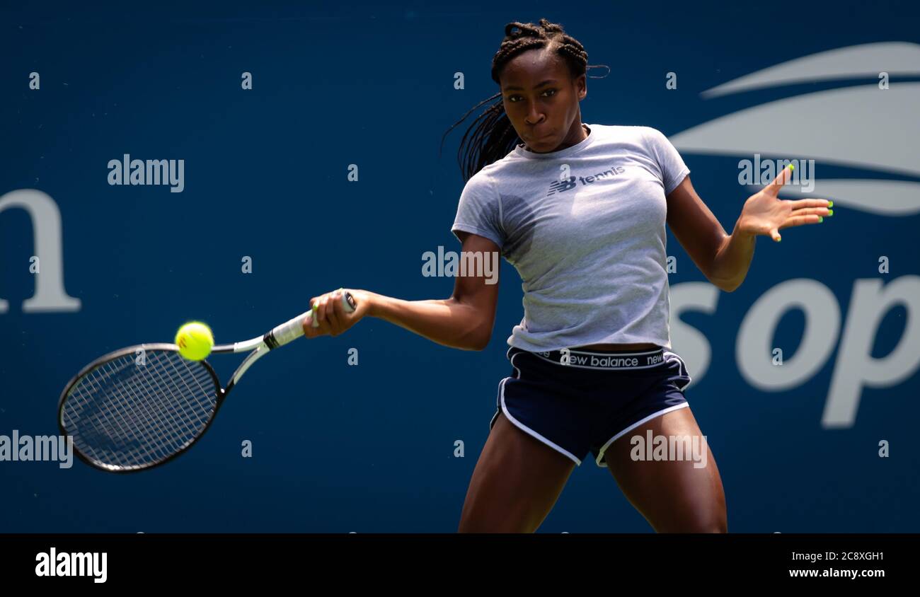 Coco Gauff aus den Vereinigten Staaten beim Training beim US Open Grand Slam Tennisturnier 2019 Stockfoto