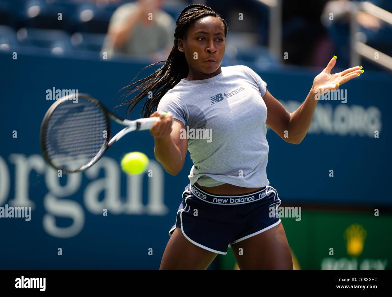 Coco Gauff aus den Vereinigten Staaten beim Training beim US Open Grand Slam Tennisturnier 2019 Stockfoto