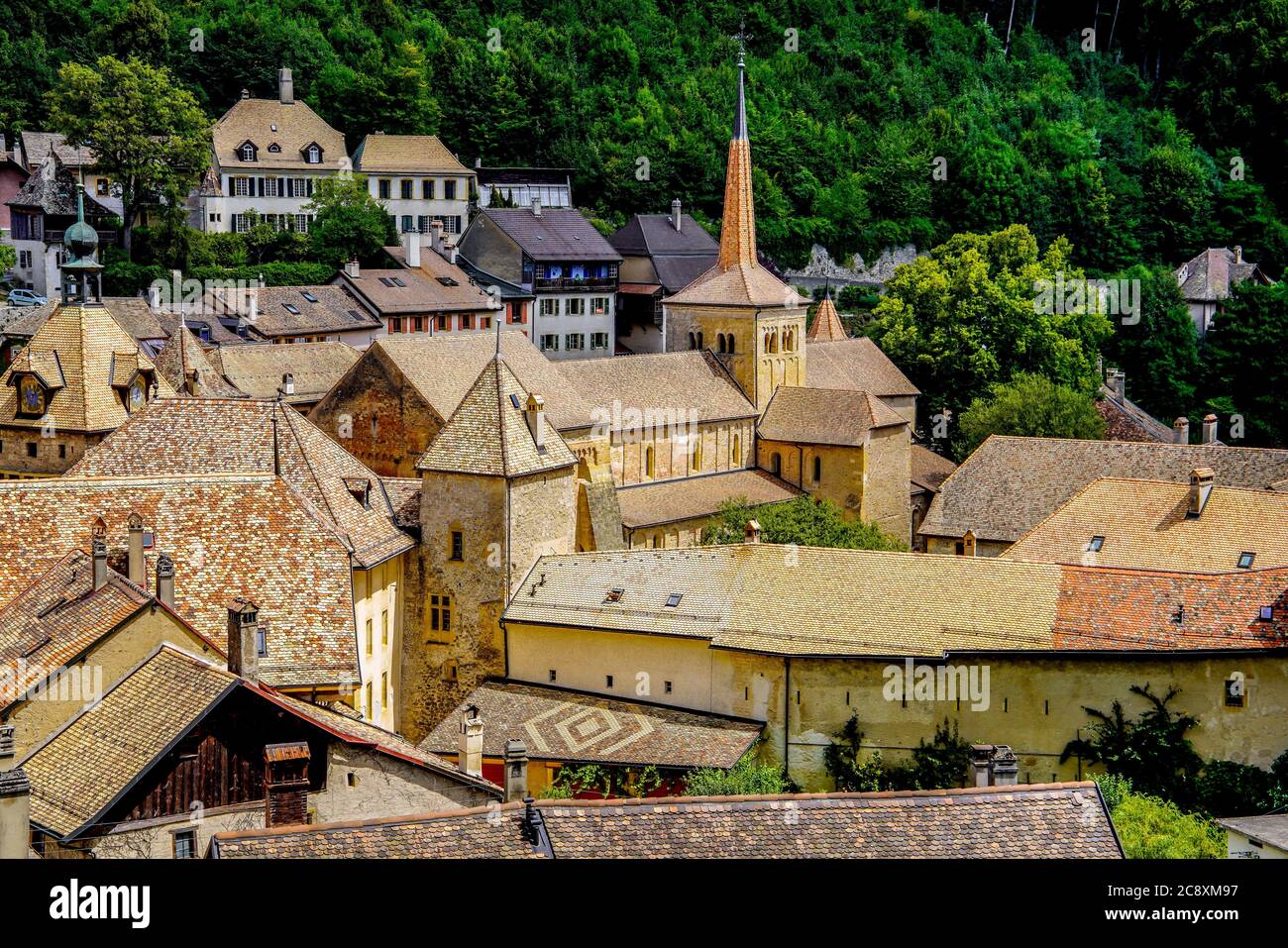 Panoramablick auf die romanische Stiftskirche in der mittelalterlichen Stadt Romainmotier, Kanton Waadt, Schweiz. Stockfoto