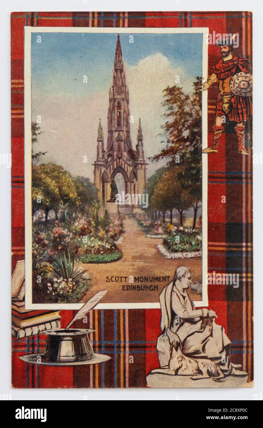 The Scott Monument and Princes Street Gardens - Vintage Postkarte von Edinburgh mit Tartan-Grenze, Edinburgh, Schottland, Großbritannien Stockfoto