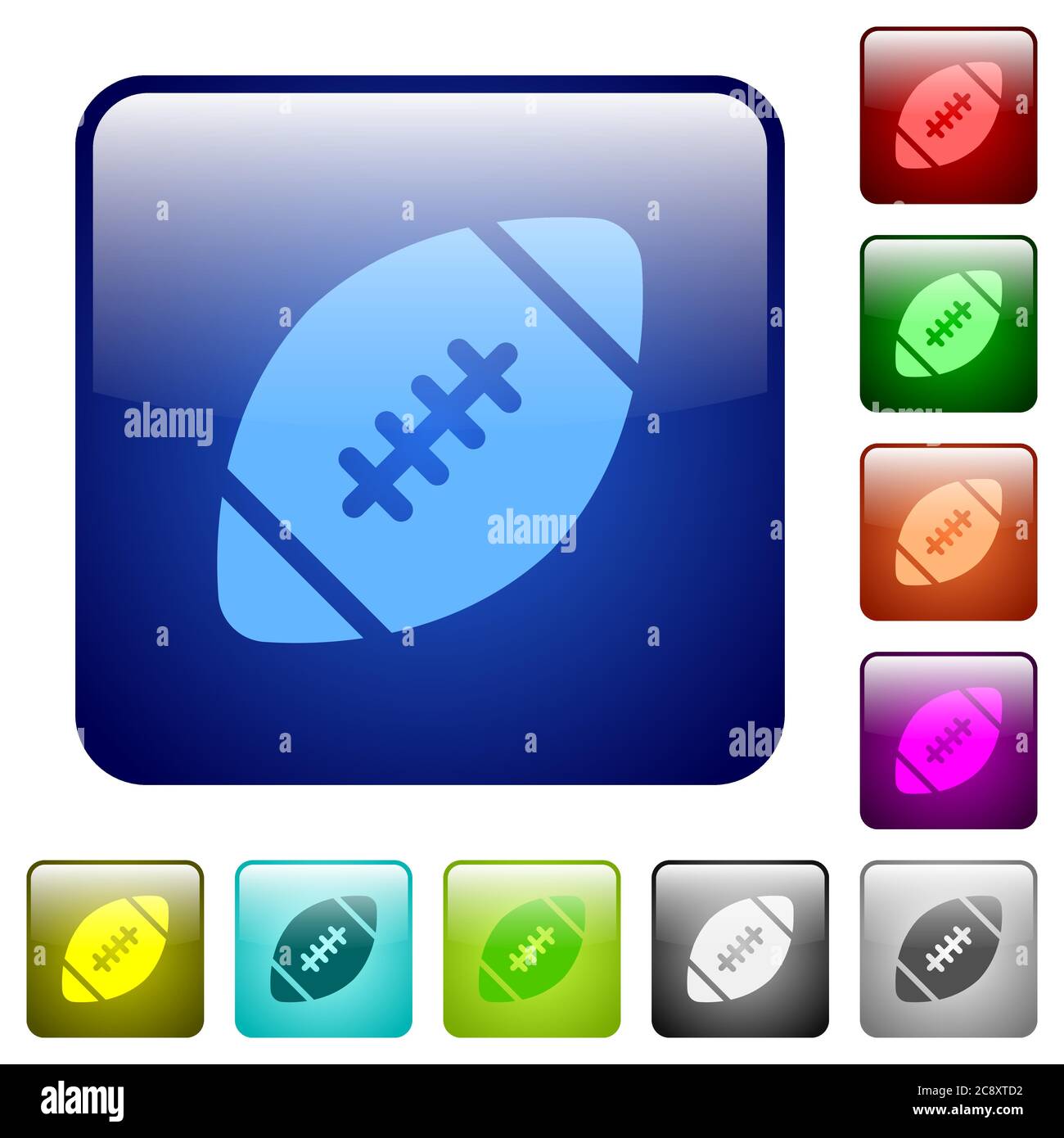 Set aus Rugby Ball Farbe Glas abgerundeten quadratischen Knöpfen Stock Vektor