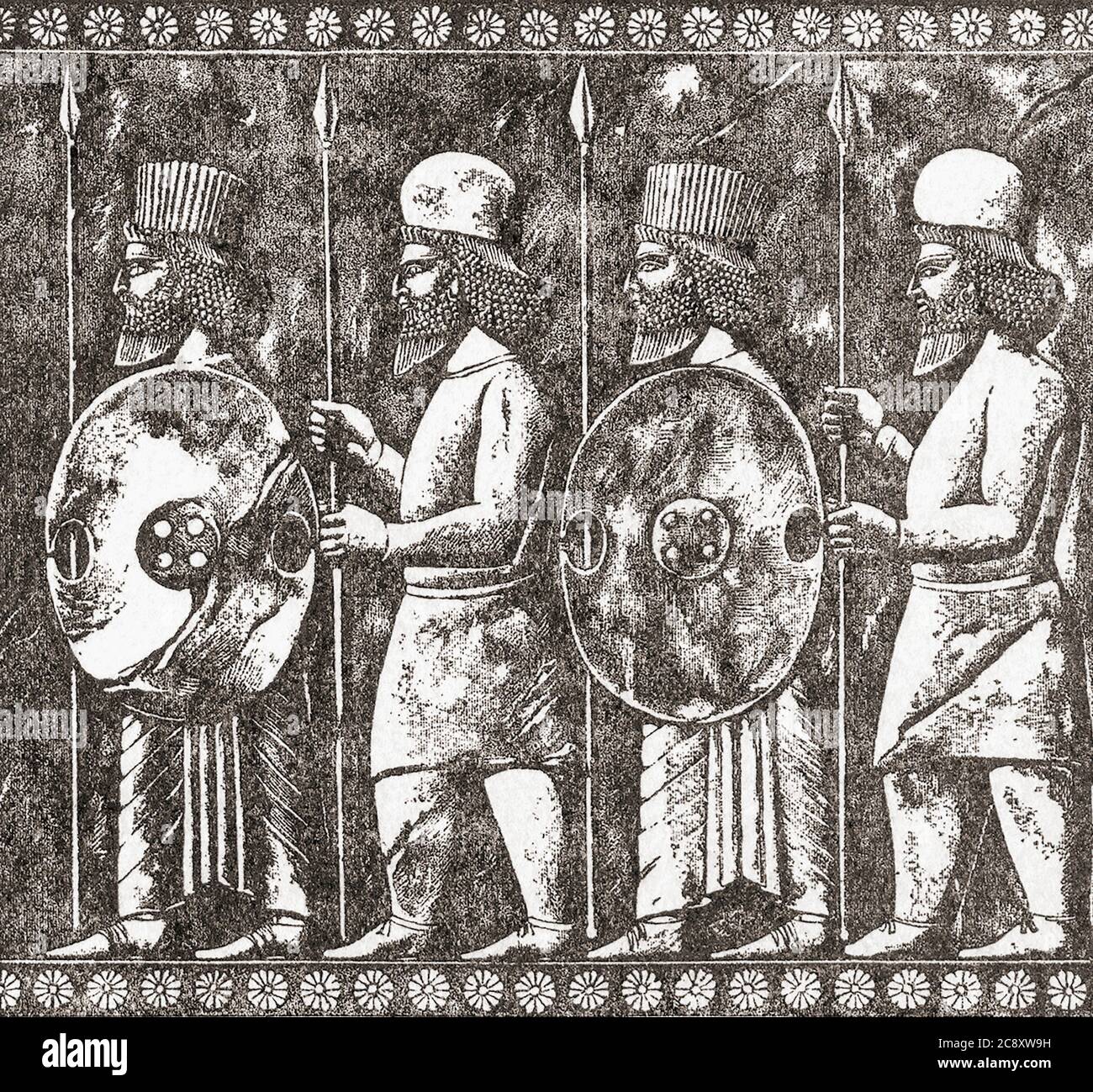 Median und persische Fußsoldaten. Die Medes waren ein Mesoptamian Volk, nachdem ihre Stämme bildeten das medianische Königreich wurde neo-assyrische Vasallen. Durch verschiedene Allianzen zerstörten sie anschließend das neo-assyrische Reich und wurden mit ihren Verbündeten zur dominierenden Kraft in Mesopotamien als das medianische Reich. Nach einer Illustration eines unbekannten Künstlers aus dem 19. Jahrhundert. Stockfoto
