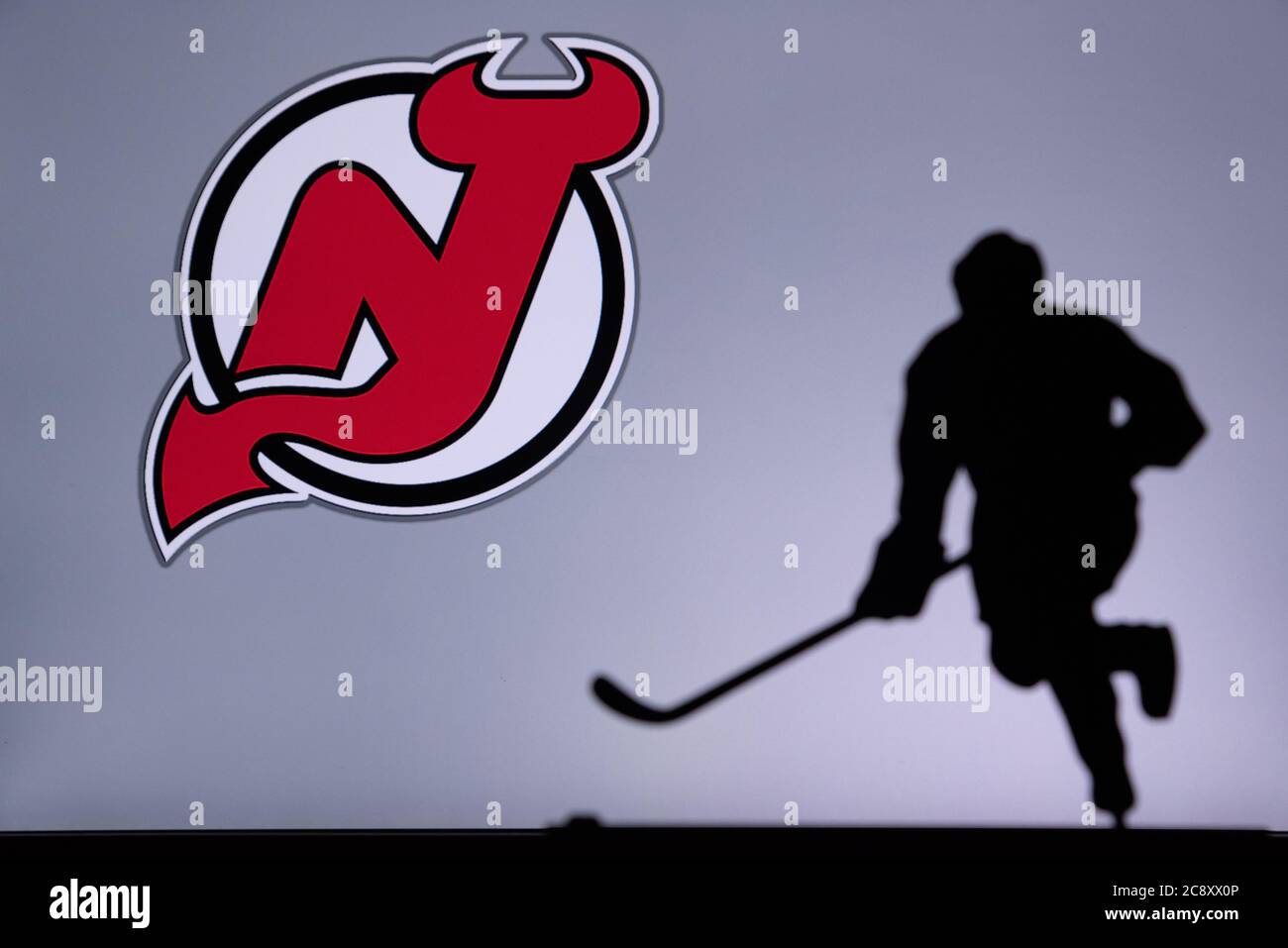 NHL Hockey Konzept Foto. Silhouette des professionellen NHL Eishockey-Spieler Stockfoto