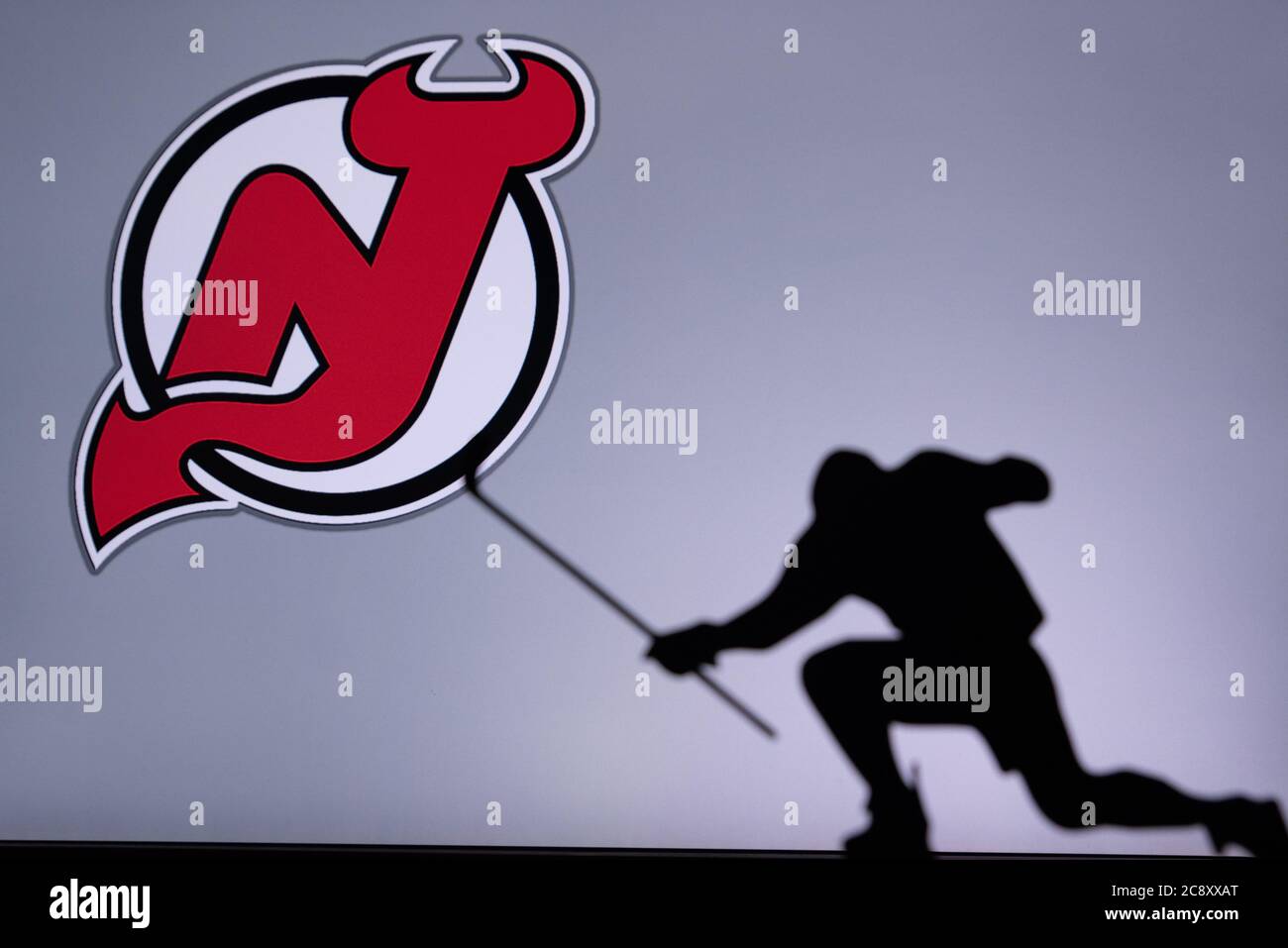 NHL Hockey Konzept Foto. Silhouette des professionellen NHL Eishockey-Spieler Stockfoto