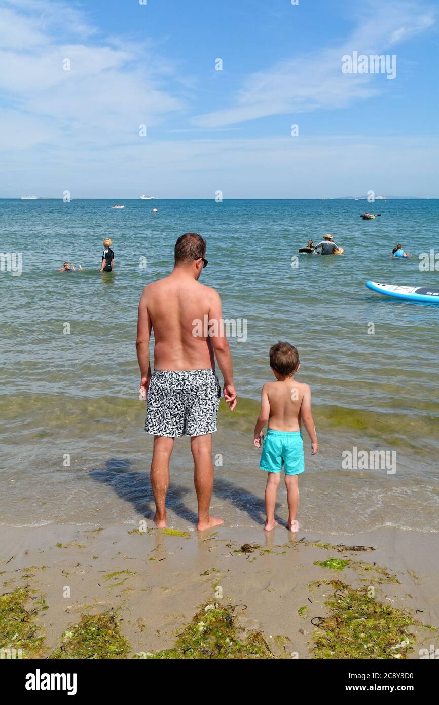 Eine Rückansicht eines Vaters und eines jungen Sohnes, der an einem heißen Sommertag im Meer steht, Studland Dorset England Stockfoto
