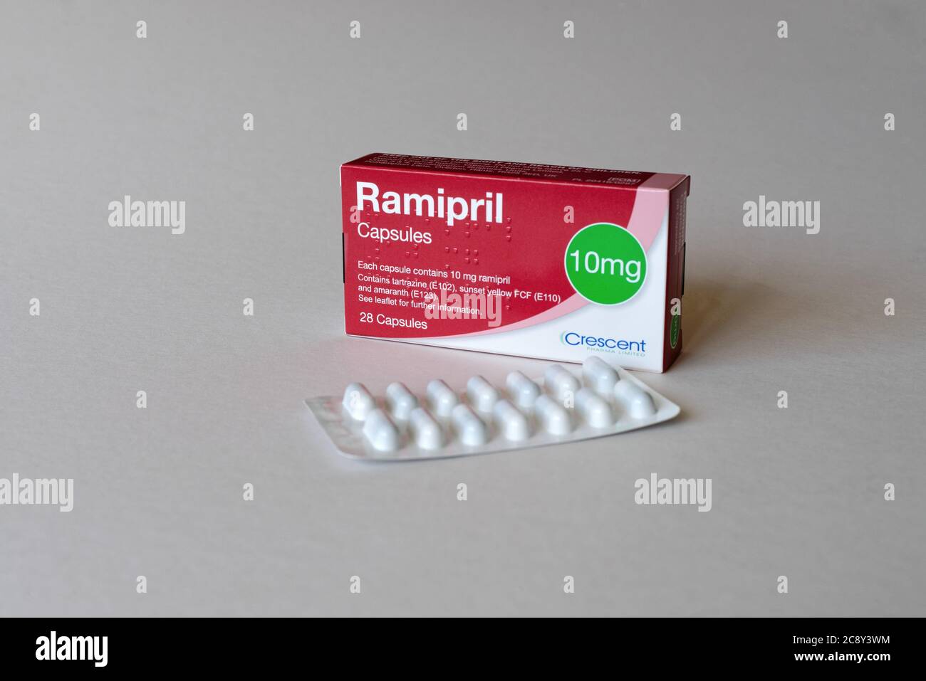 Nahaufnahme einer Kiste mit Ramipril Tabletten zur Behandlung von Bluthochdruck, Herzinsuffizienz und diabetischer Nierenerkrankung Stockfoto