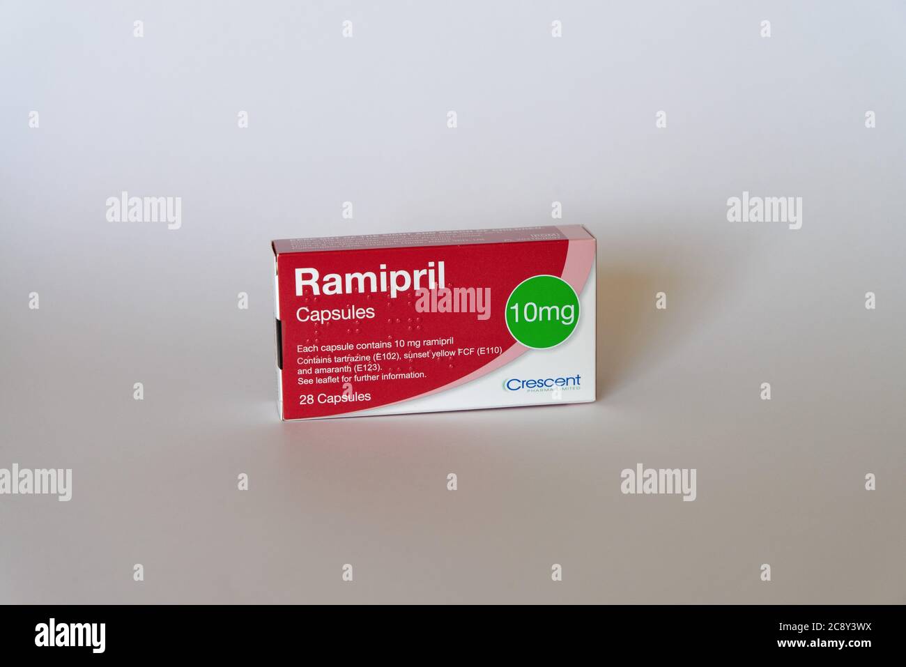 Nahaufnahme einer Kiste mit Ramipril Tabletten zur Behandlung von Bluthochdruck, Herzinsuffizienz und diabetischer Nierenerkrankung Stockfoto