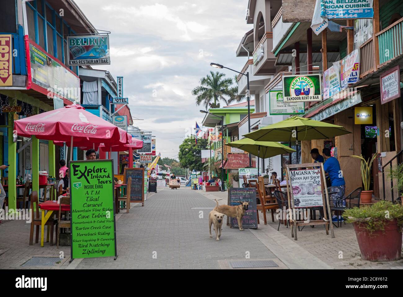 High Street mit Restaurants und Touristik-Unternehmen in der Stadt San Ignacio, Cayo District, Belize, Karibik Stockfoto
