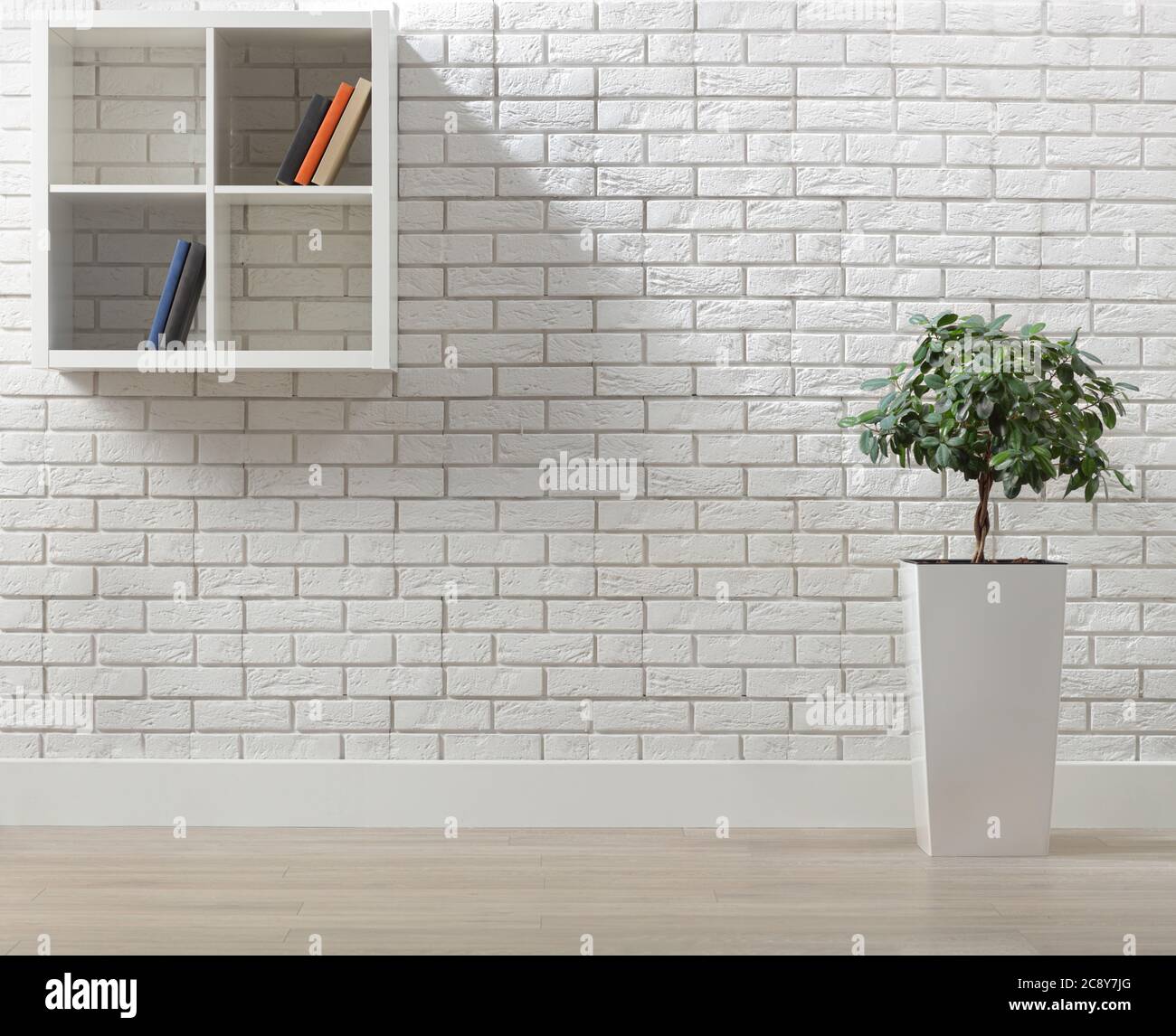 Zimmerinterieur mit einer weißen Ziegelwand, einer Pflanze und Regalen mit Büchern Stockfoto