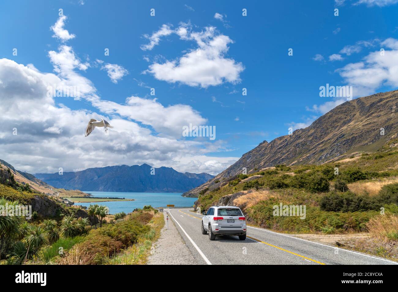 Auto auf der Makarora-Lake Hawea Road mit Blick auf Lake Hawea, Southern Lakes, Otago, Neuseeland Stockfoto