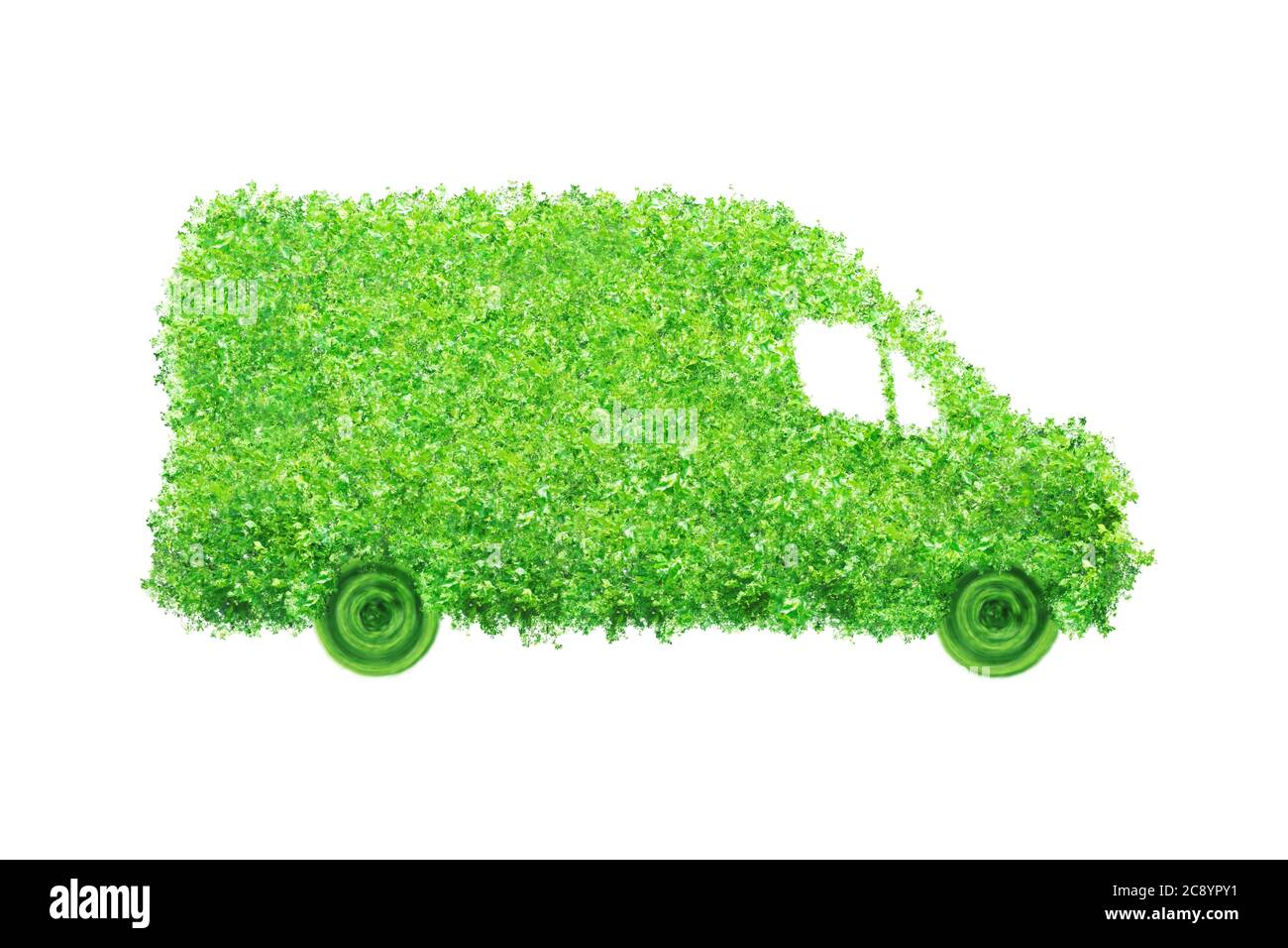 Isolierter Lieferwagen aus Blättern. Elektro-Cargo-Auto, Transport-und Umweltkonzept. Stockfoto